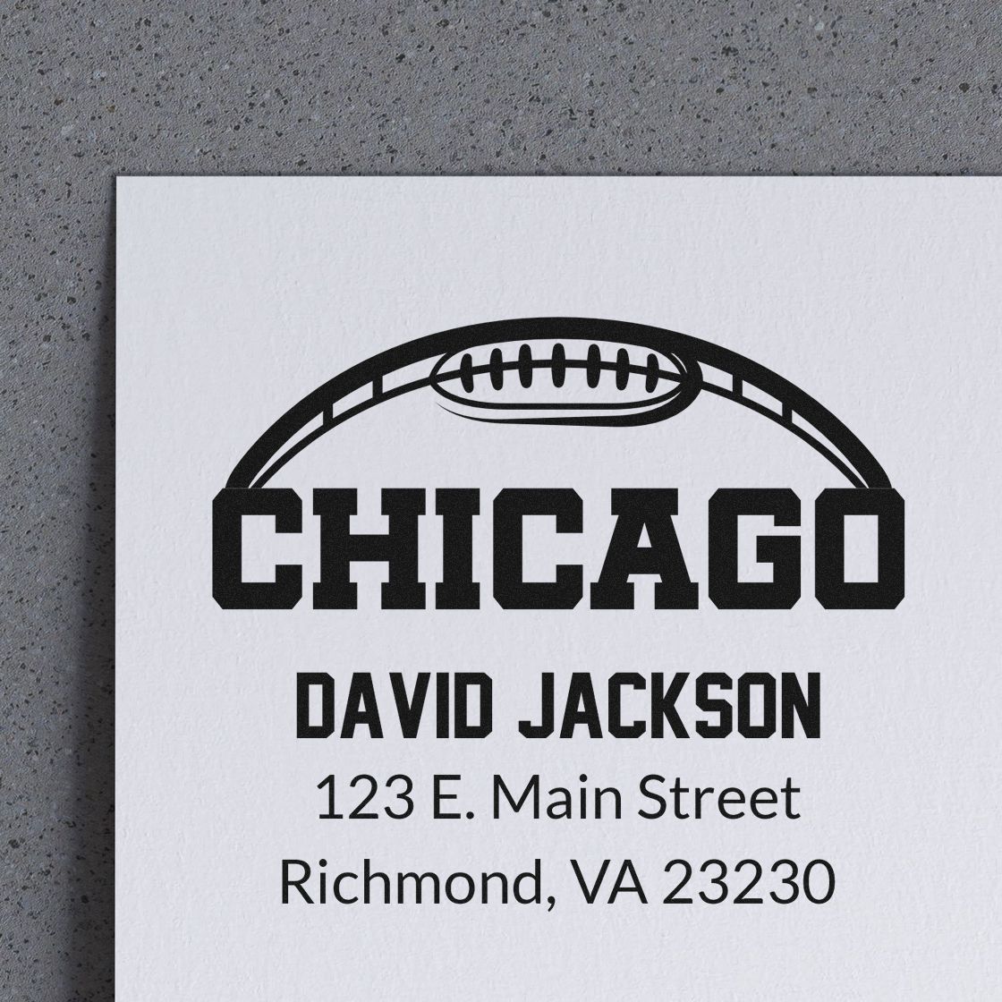 Custom Chicago rubber address stamp design with football logo, David Jackson name, and Richmond, VA address.