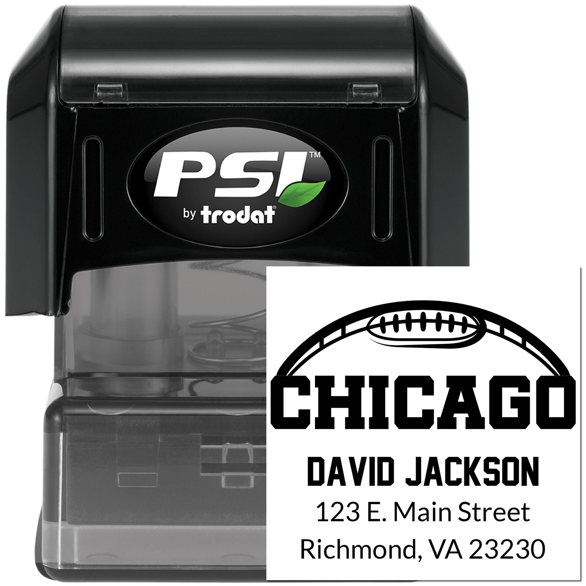 Custom self-inking rubber stamp with Chicago football return address design by PSI by Trodat for mailing and branding.