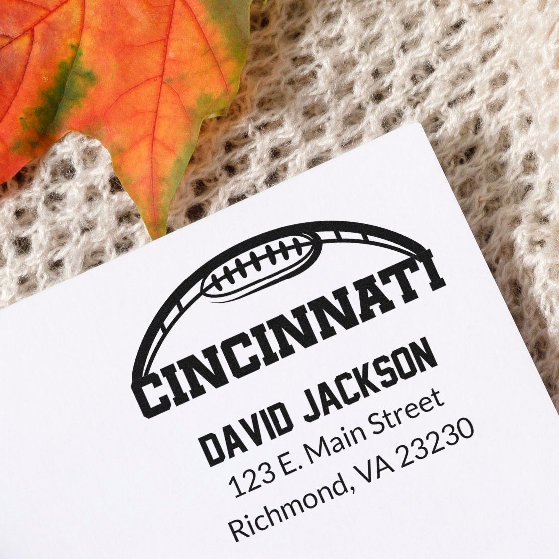 Custom Cincinnati football rubber stamp with David Jackson name and Richmond, VA return address.