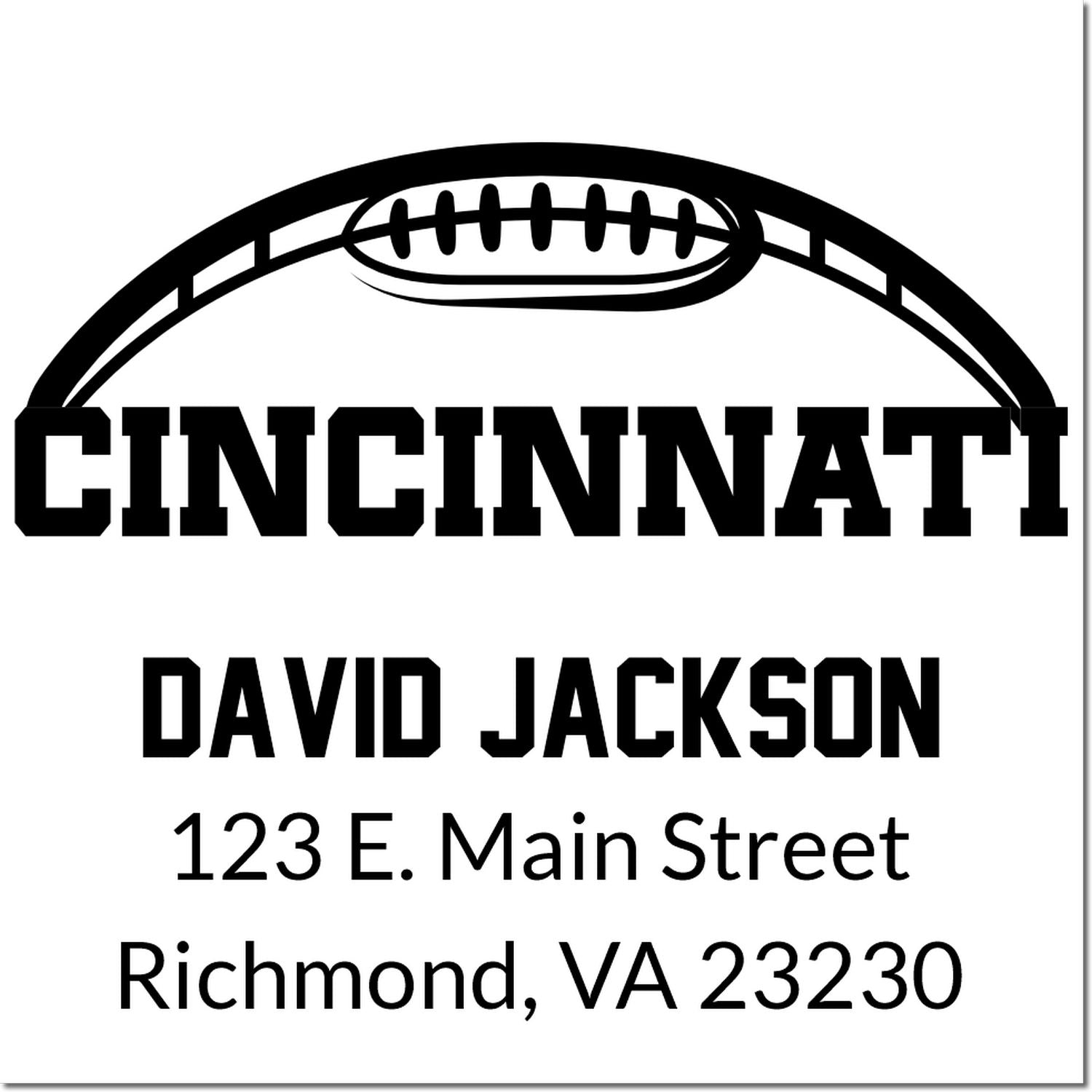 Custom Cincinnati football return address rubber stamp with David Jackson, 123 E. Main Street, Richmond, VA 23230