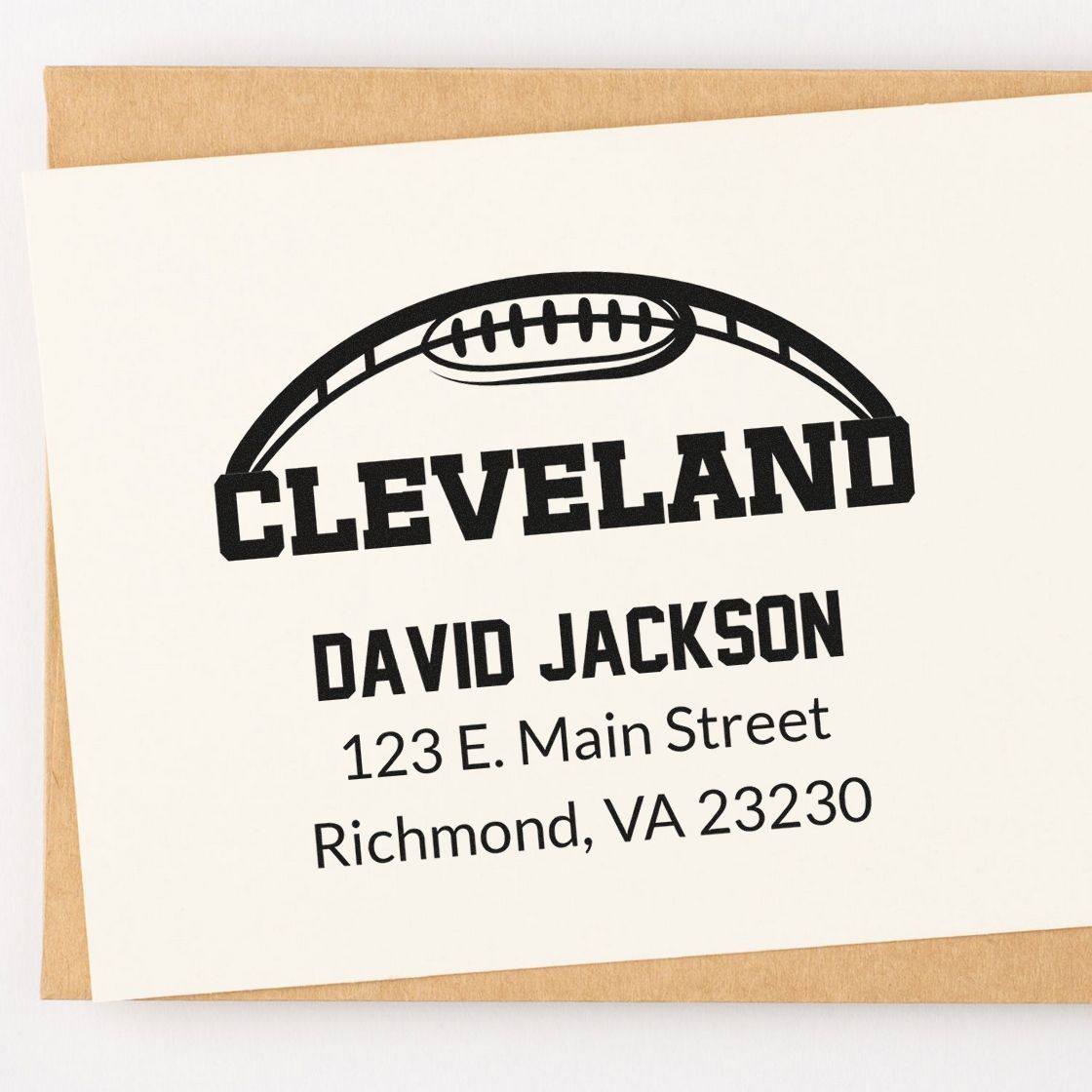 Custom Cleveland football rubber stamp with personalized return address for David Jackson, Richmond, VA 23230