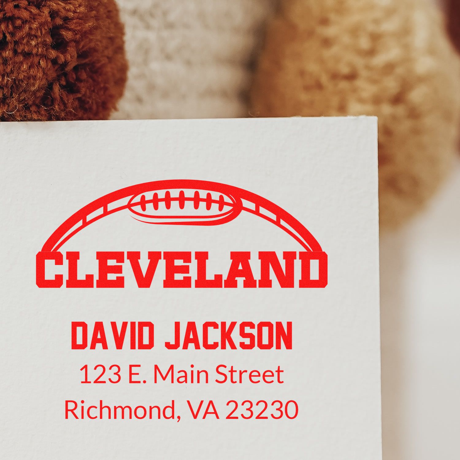 Personalized Cleveland football return address rubber stamp with David Jackson and address.