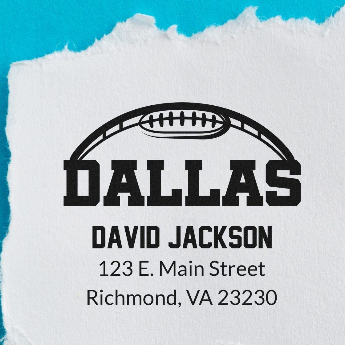 Custom football-themed address rubber stamp for Dallas David Jackson, 123 E. Main Street, Richmond, VA 23230.