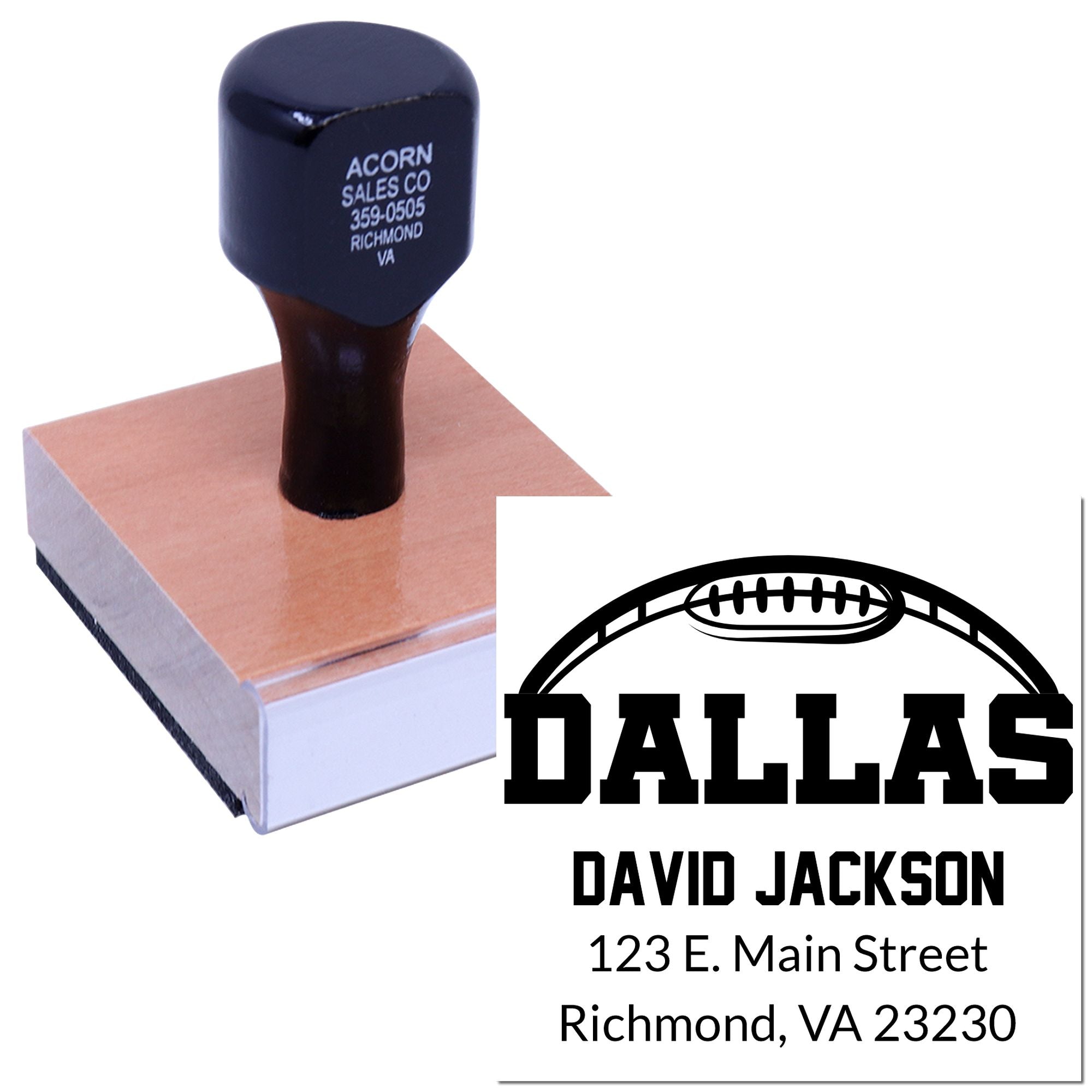 Custom football address rubber stamp with Dallas design and personalized name and address imprint.