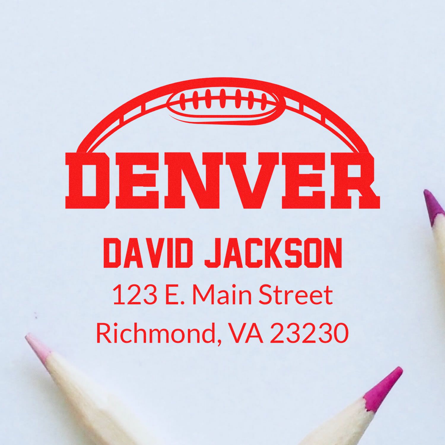 Custom Denver football rubber stamp with name and Richmond, VA address for personalized mailing.