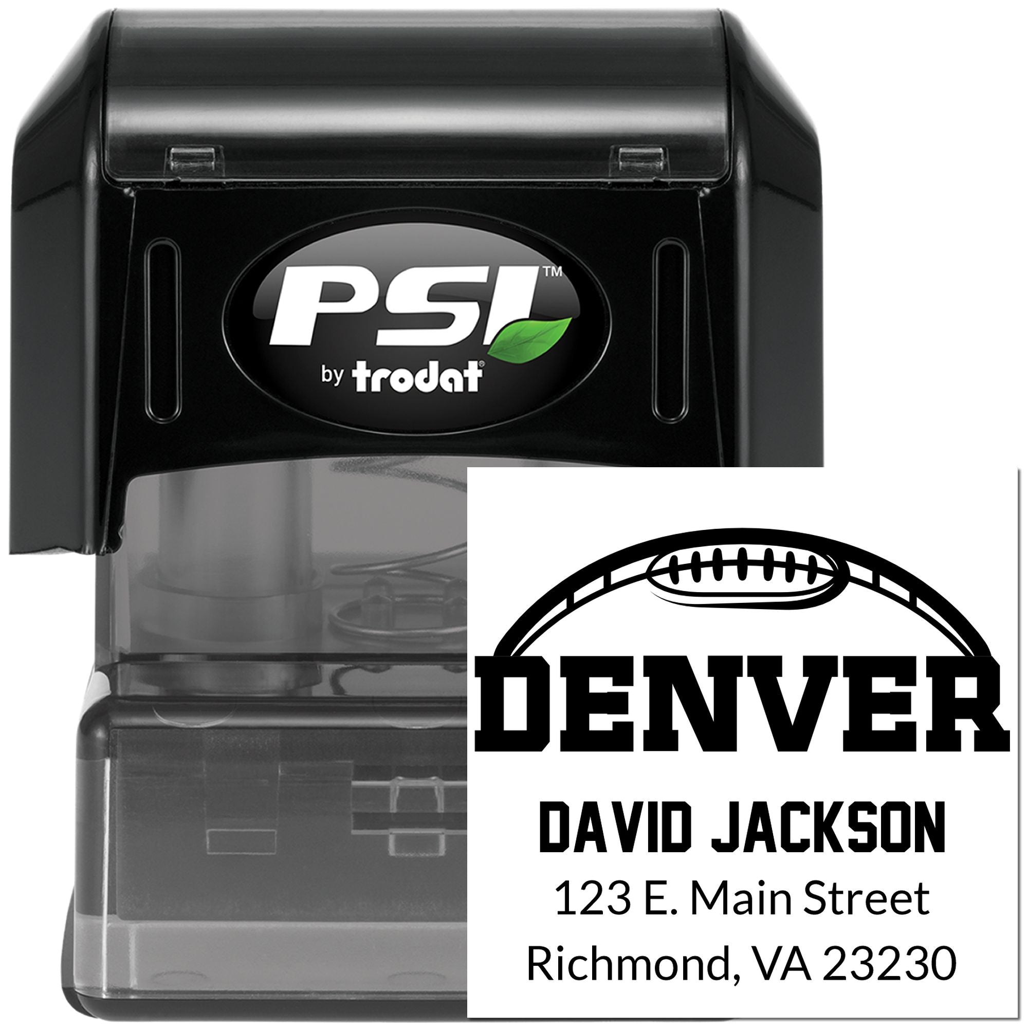 Custom self-inking rubber stamp with Denver football design and David Jackson return address.