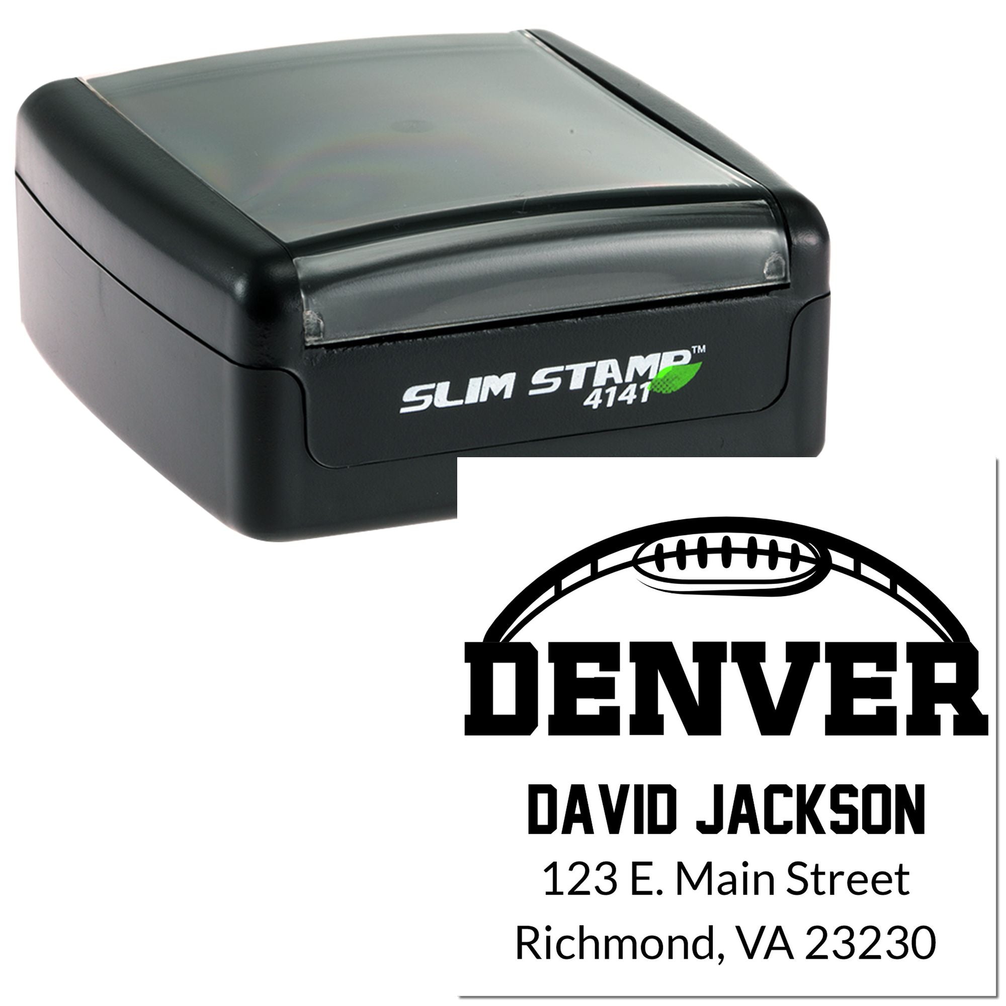Custom self-inking rubber stamp with Denver football logo, David Jackson name, and mailing address.