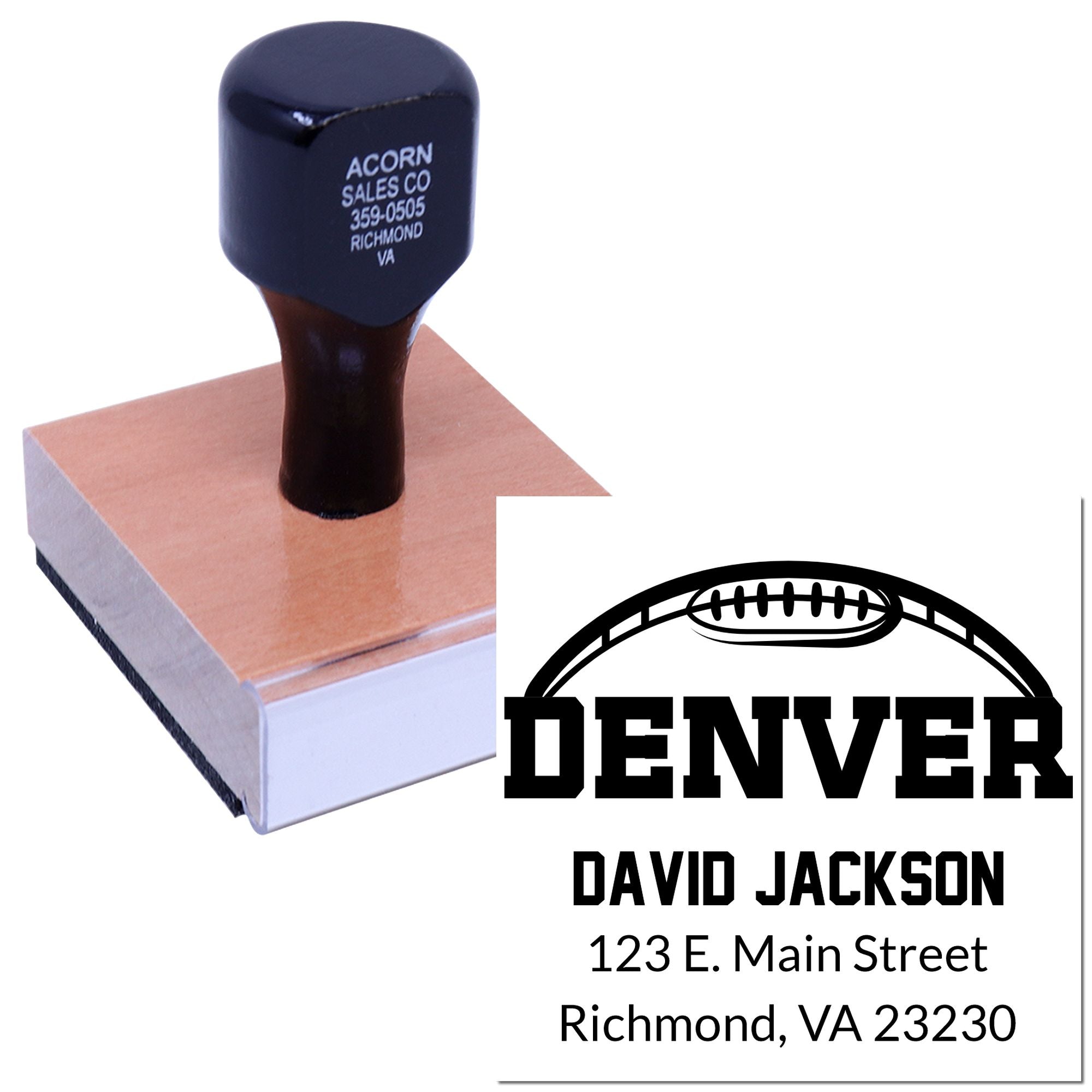 Custom football address rubber stamp with Denver design for personalized return-address mailing and sports-themed stationery.
