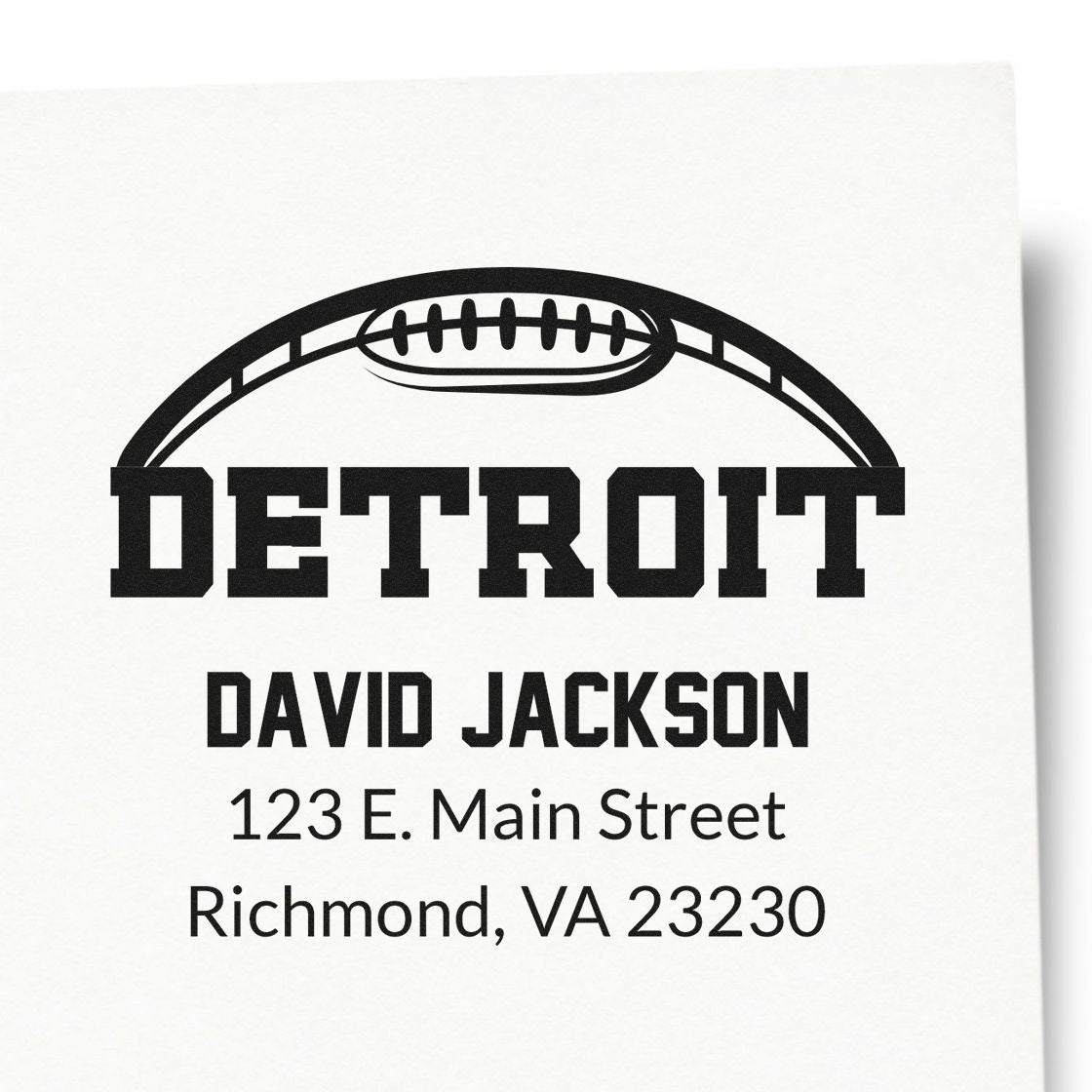 Custom Detroit football address rubber stamp for David Jackson, 123 E. Main Street, Richmond, VA 23230.