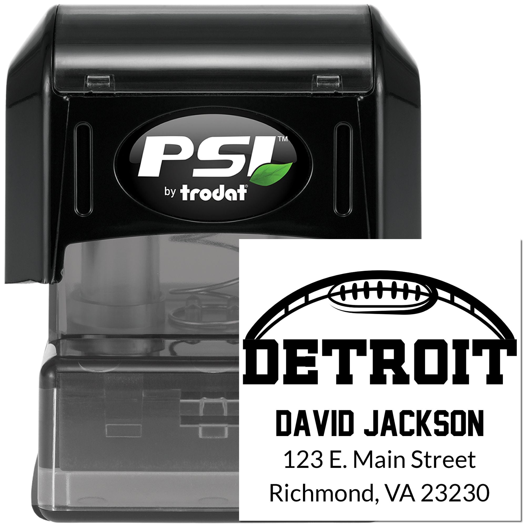 PSI by Trodat self-inking rubber stamp with custom Detroit football address imprint and name label.