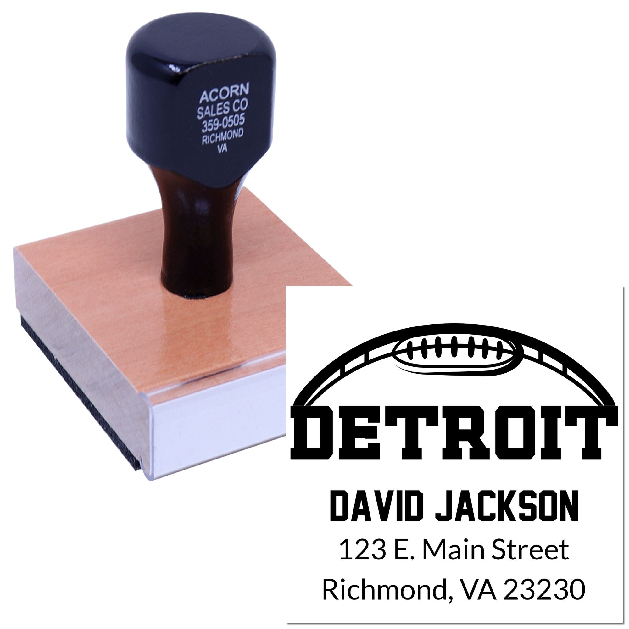 Custom Detroit football return address rubber stamp with name and address, ideal for personalized mailing and sports fan stationery.