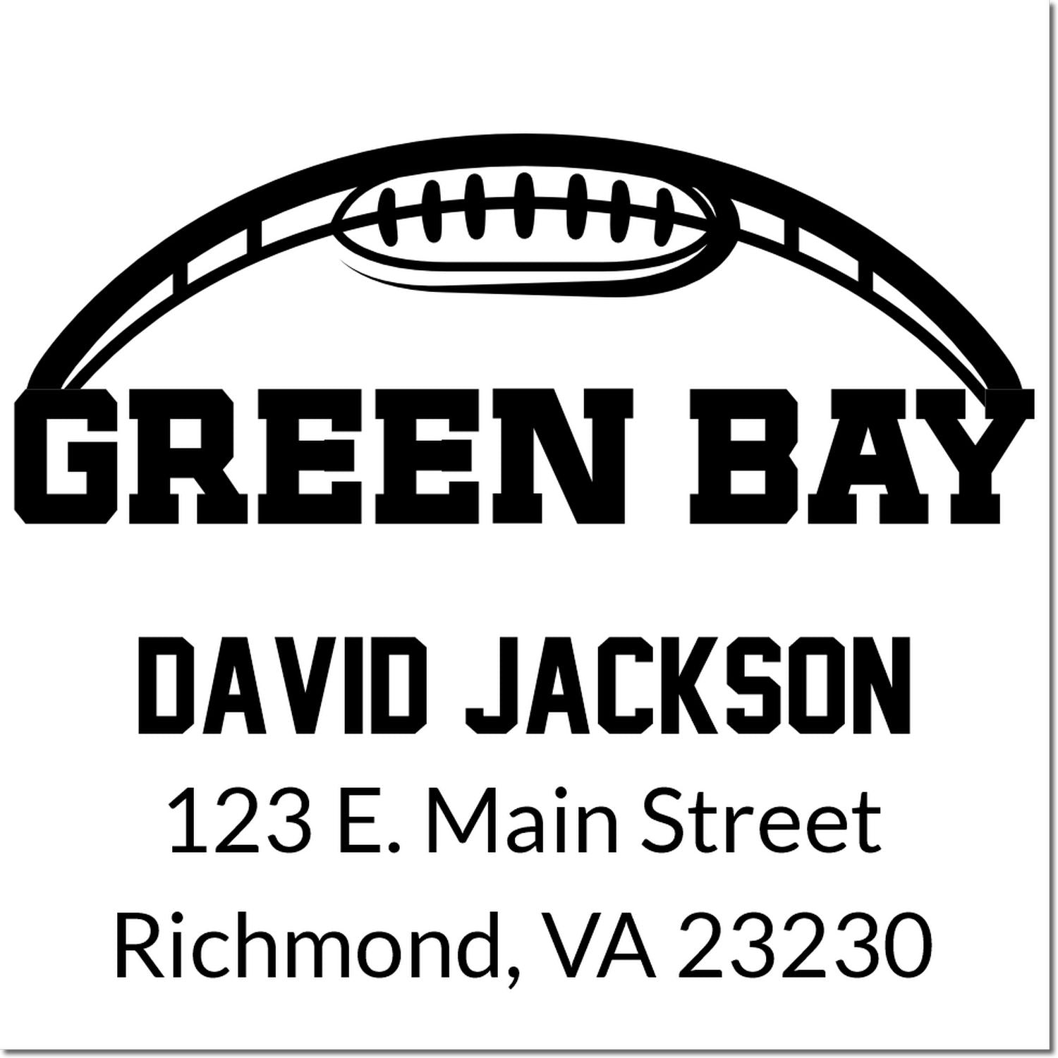 Custom Green Bay football rubber stamp return address design with David Jackson, Richmond, VA 23230.