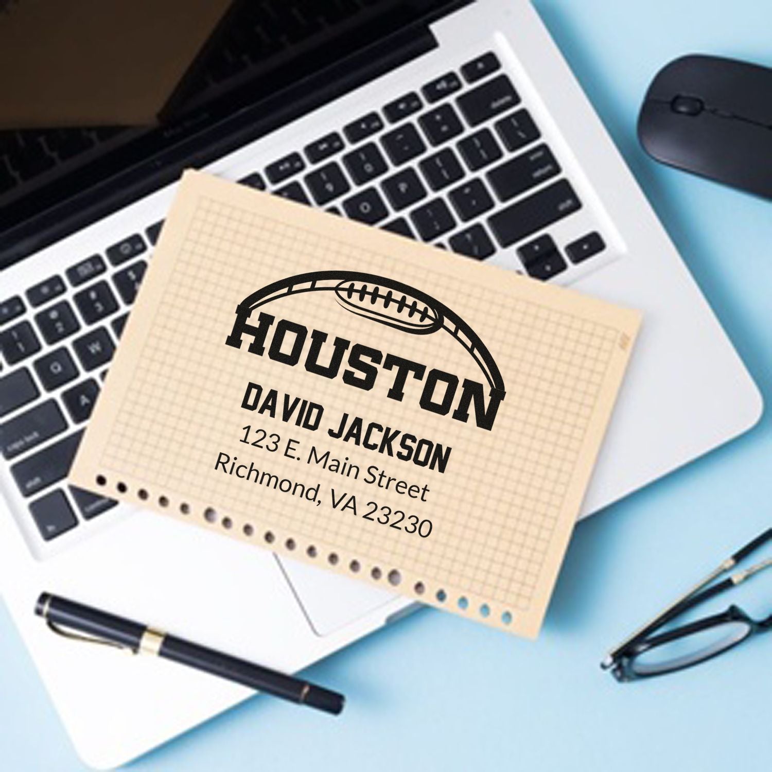Custom Houston football return address rubber stamp on stationery, ideal for personalized mail and branding.