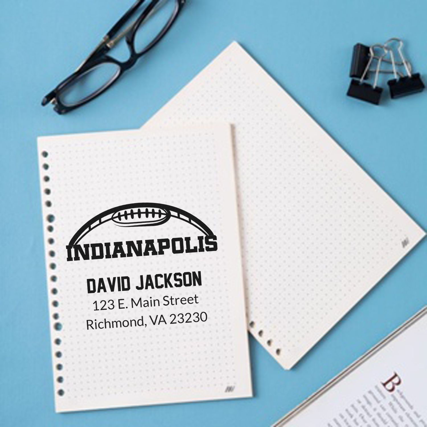 Personalized football return address rubber stamp with Indianapolis design, name, and mailing address.