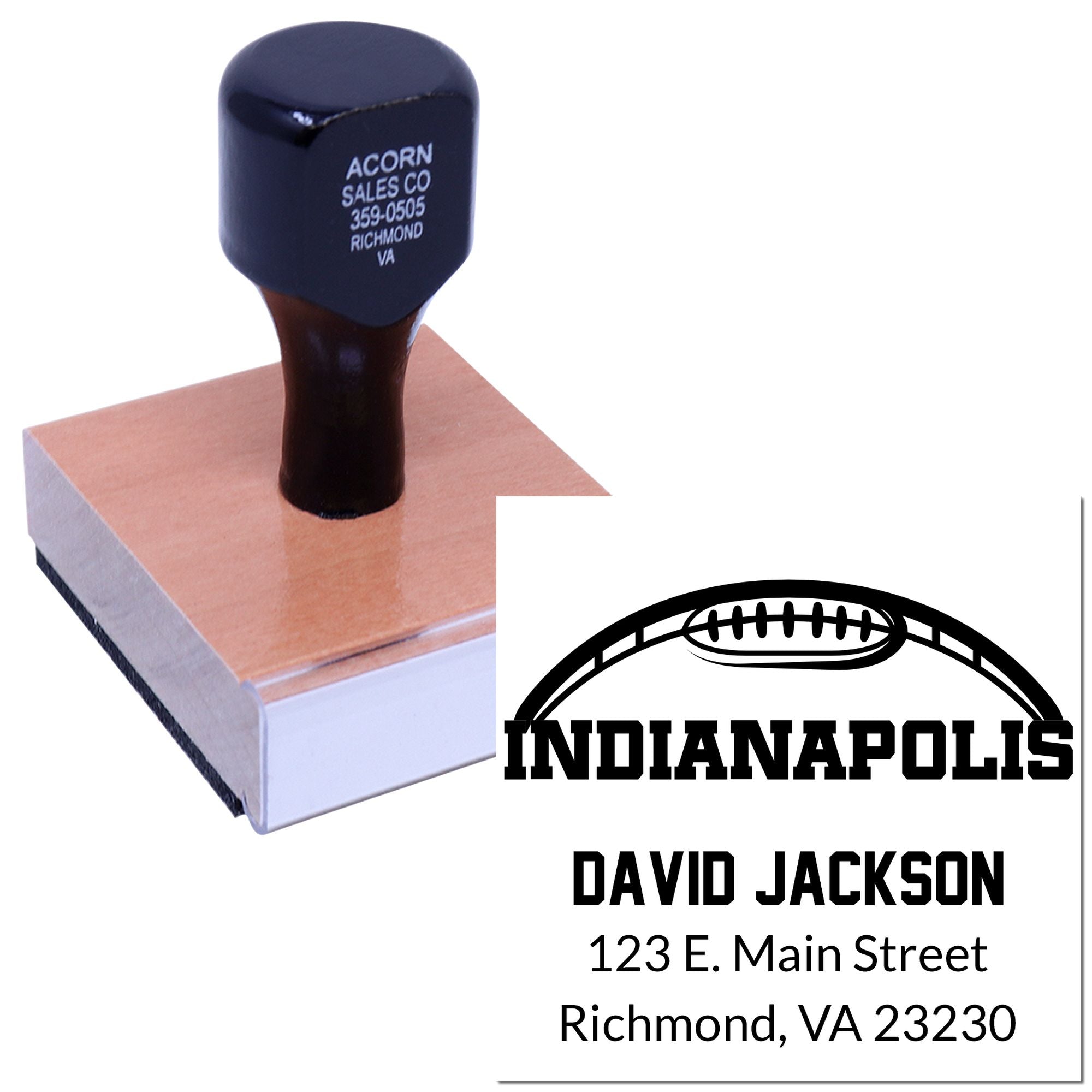 Custom address rubber stamp with football logo, name, and mailing details for personalized use