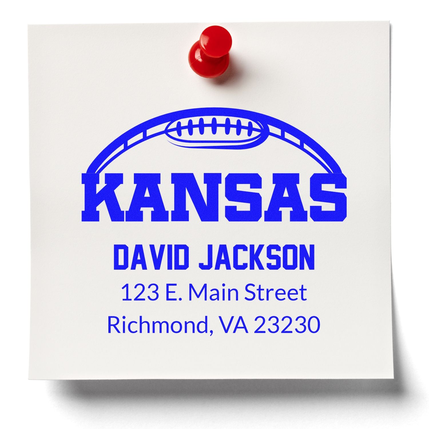 Custom Kansas football return address rubber stamp with name and Richmond, VA address on paper