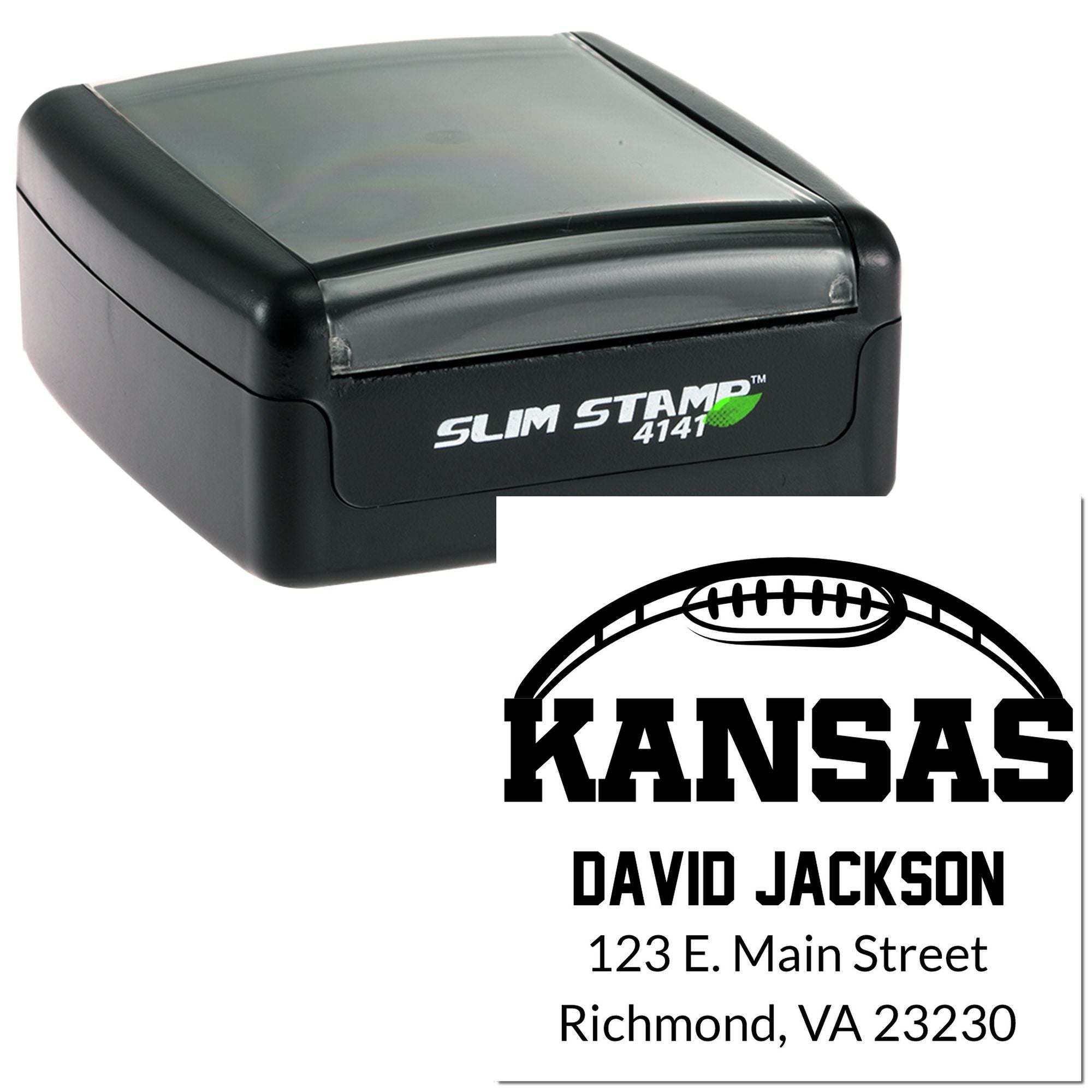 Custom self-inking rubber address stamp with Kansas logo, David Jackson name, and Richmond, VA 23230 return address.
