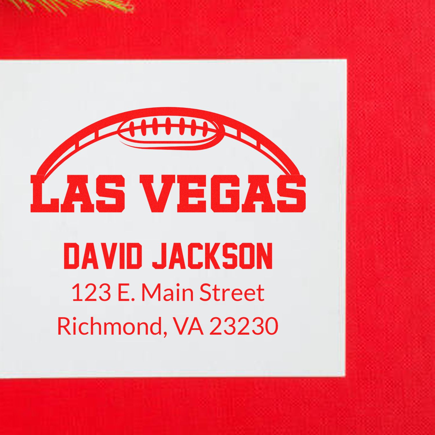 Custom Las Vegas rubber stamp with football logo, personalized for David Jackson, featuring Richmond, VA address.