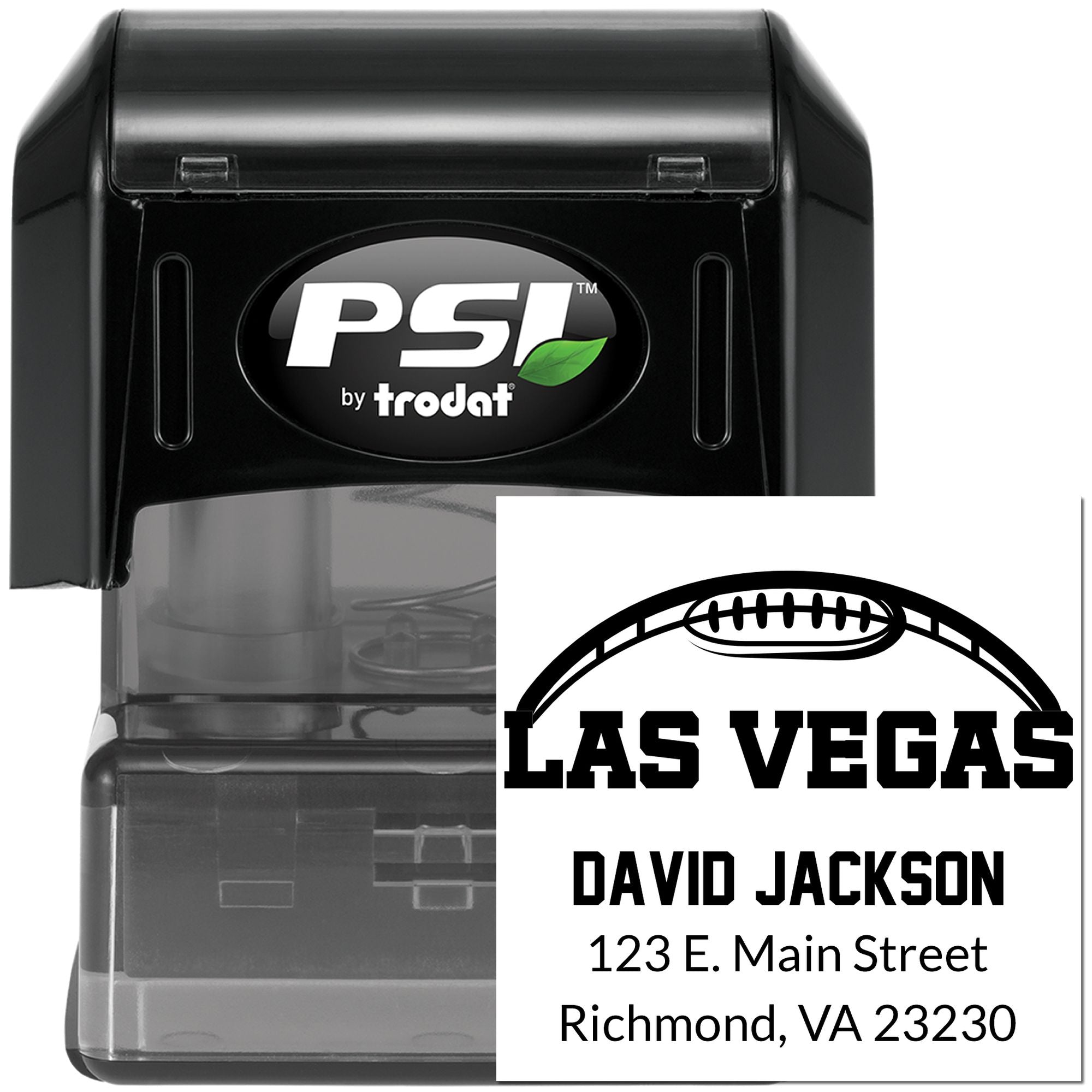 PSI by Trodat custom self-inking rubber stamp, personalized Las Vegas address stamp with football logo for mailing and business use.