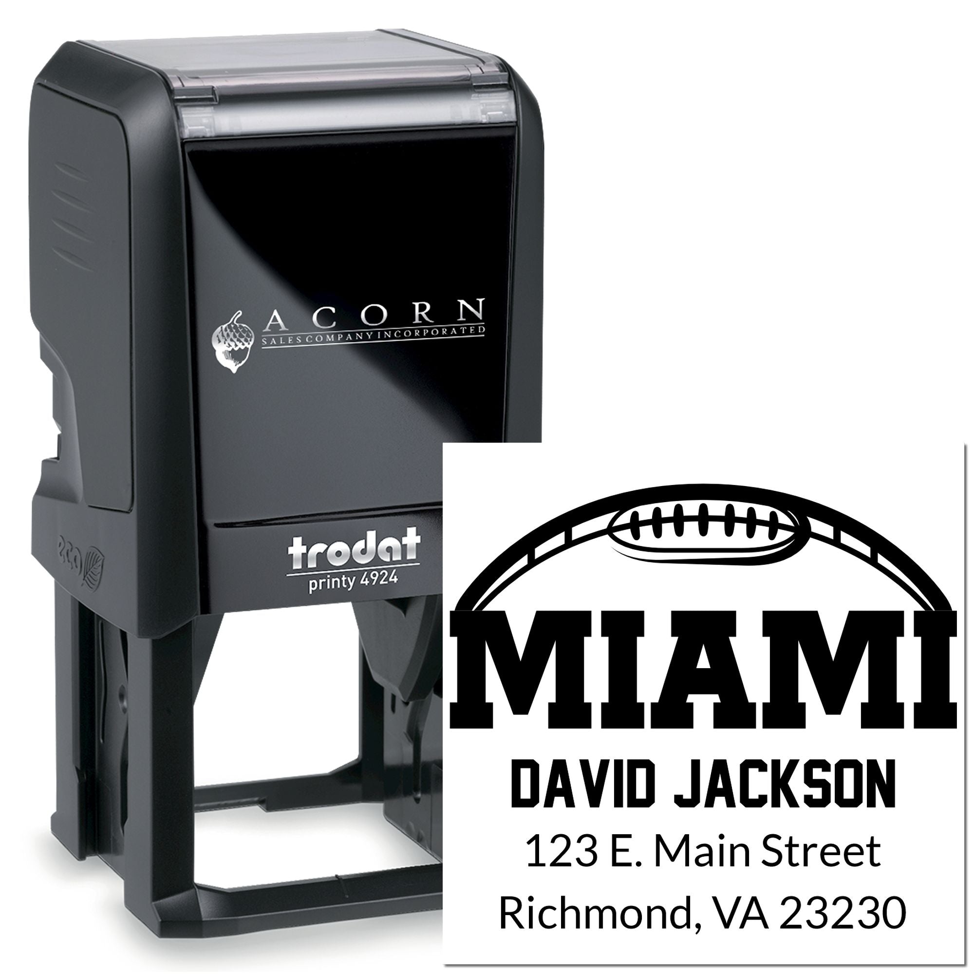 Trodat self-inking custom rubber stamp with Miami football logo, David Jackson name, and address.