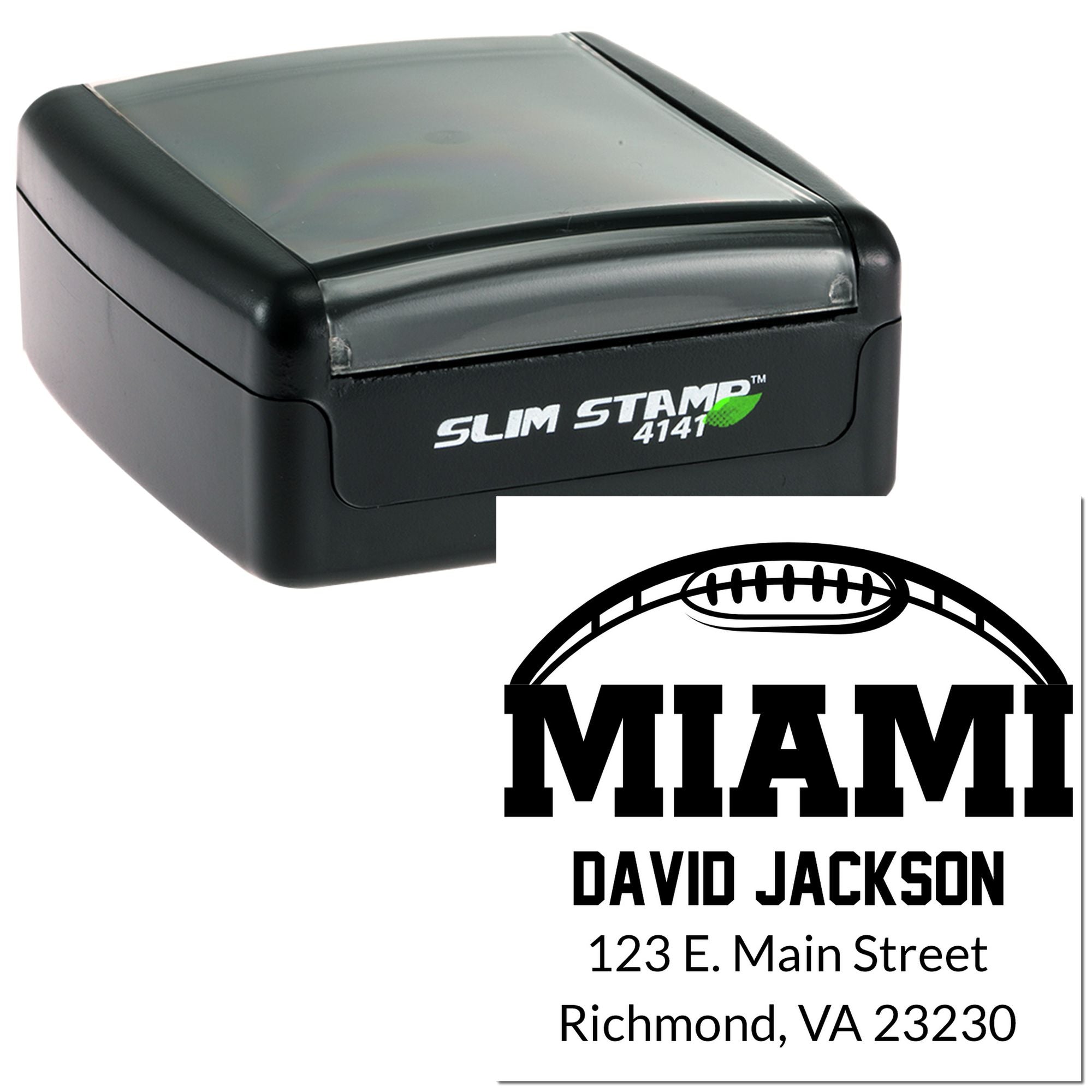 Custom self-inking rubber stamp for Miami, David Jackson address imprint with football logo for mailing and branding.