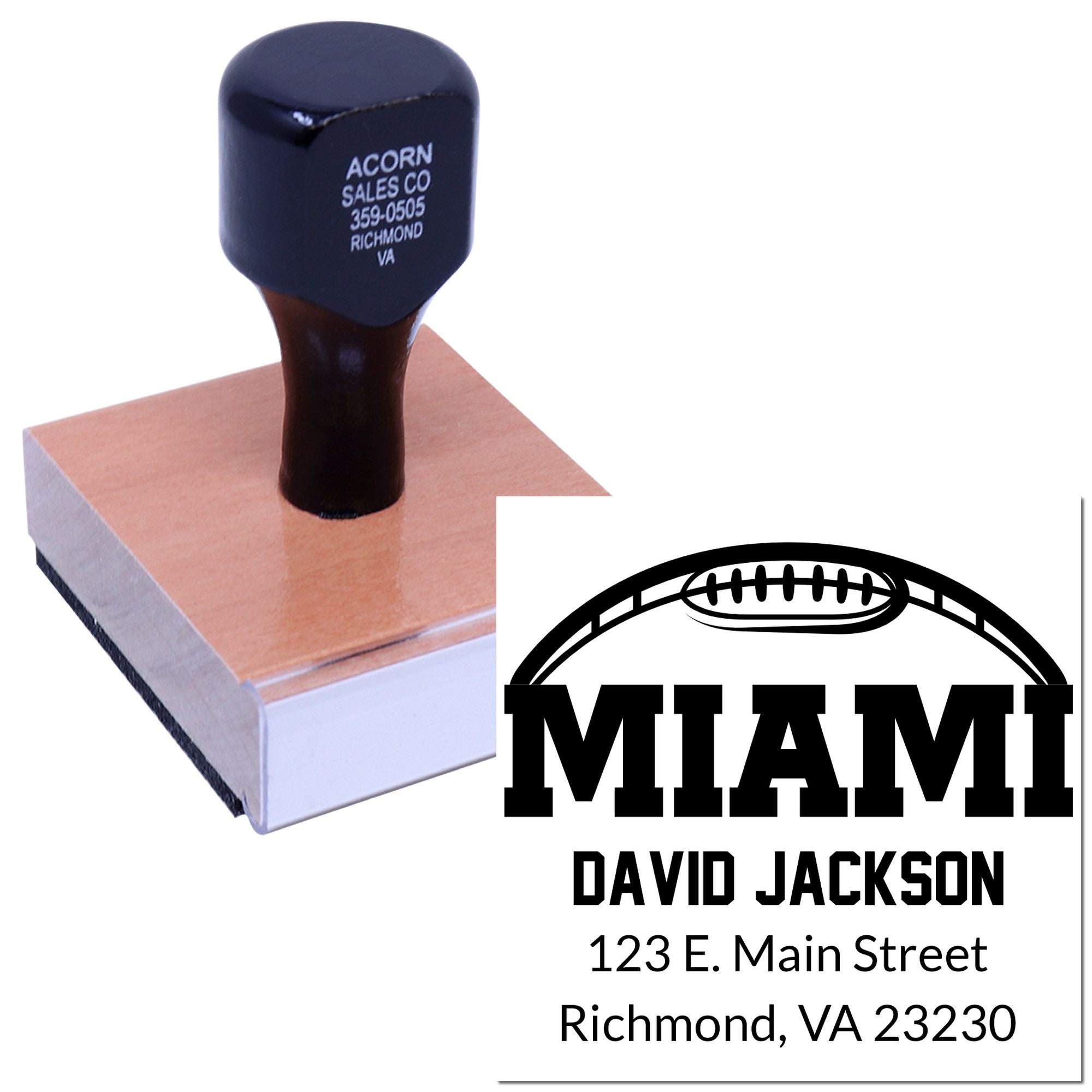 Custom Miami football address rubber stamp with name, street address, and city for personalized mailing.