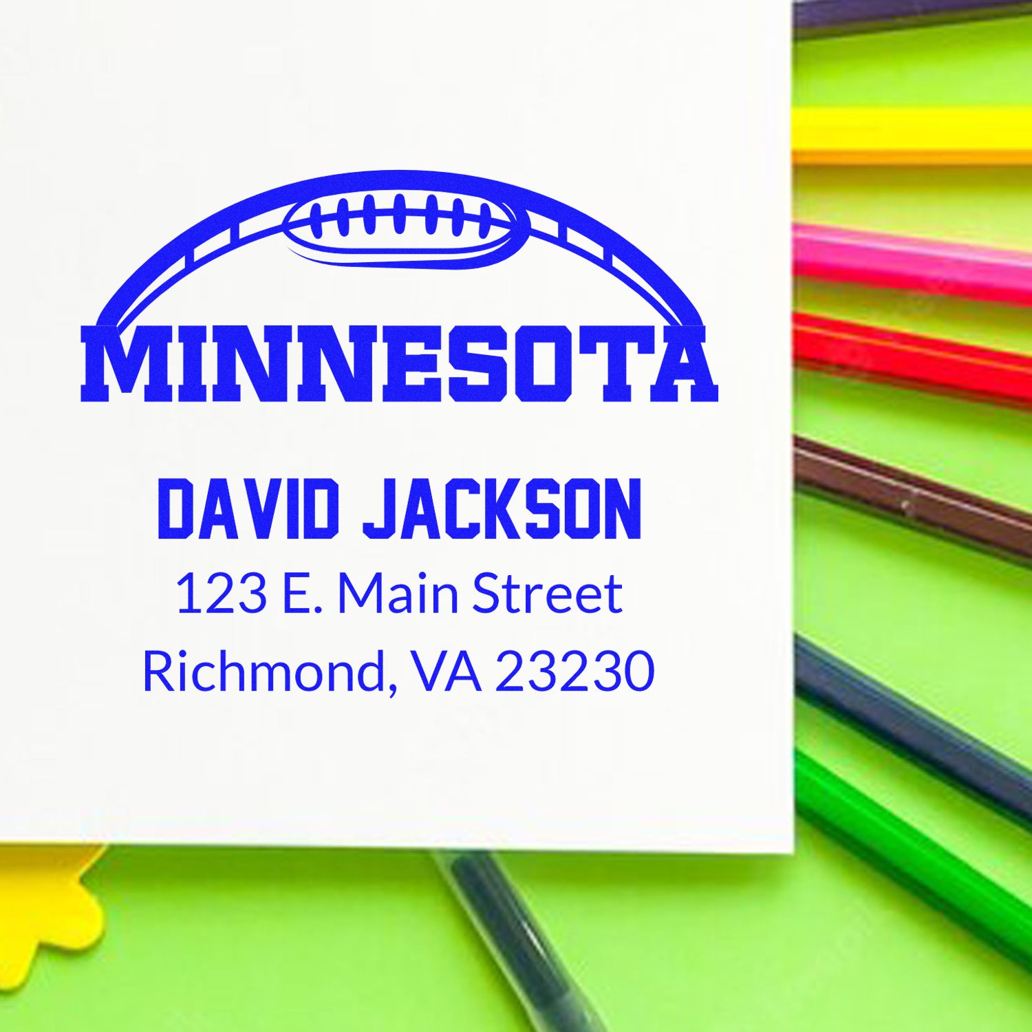 Custom Minnesota football return address rubber stamp for David Jackson, 123 E. Main Street, Richmond, VA 23230