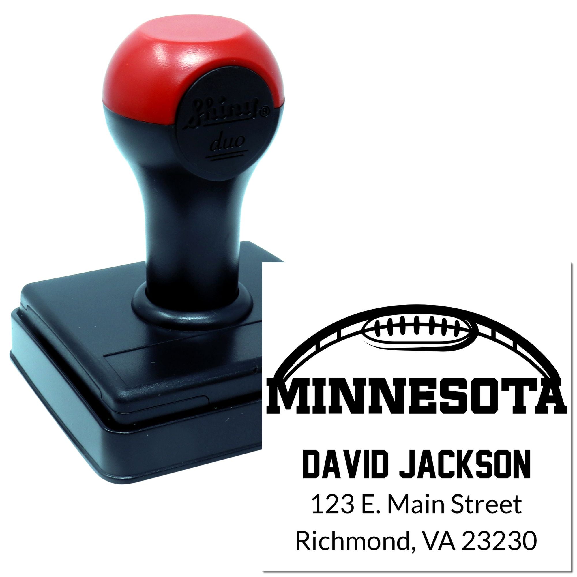 Personalized self-inking rubber stamp with Minnesota football logo, name, and address for custom mailing.
