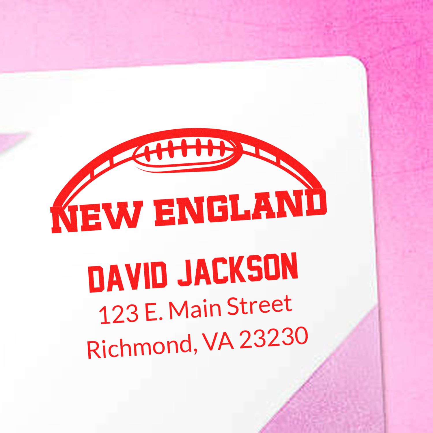 Custom New England football return address rubber stamp for David Jackson, 123 E. Main Street, Richmond, VA 23230