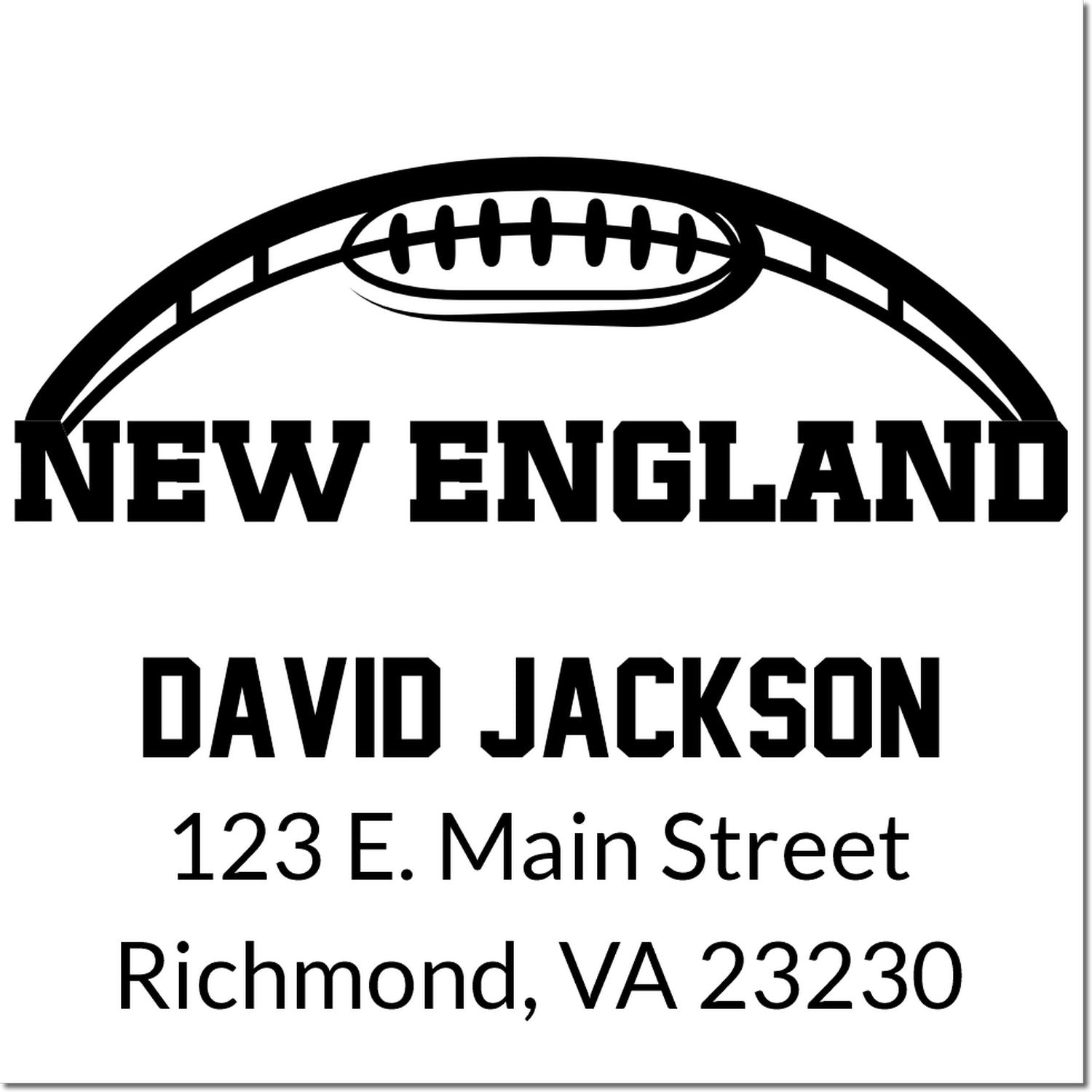 Custom New England football return address rubber stamp for David Jackson, 123 E. Main Street, Richmond, VA 23230.