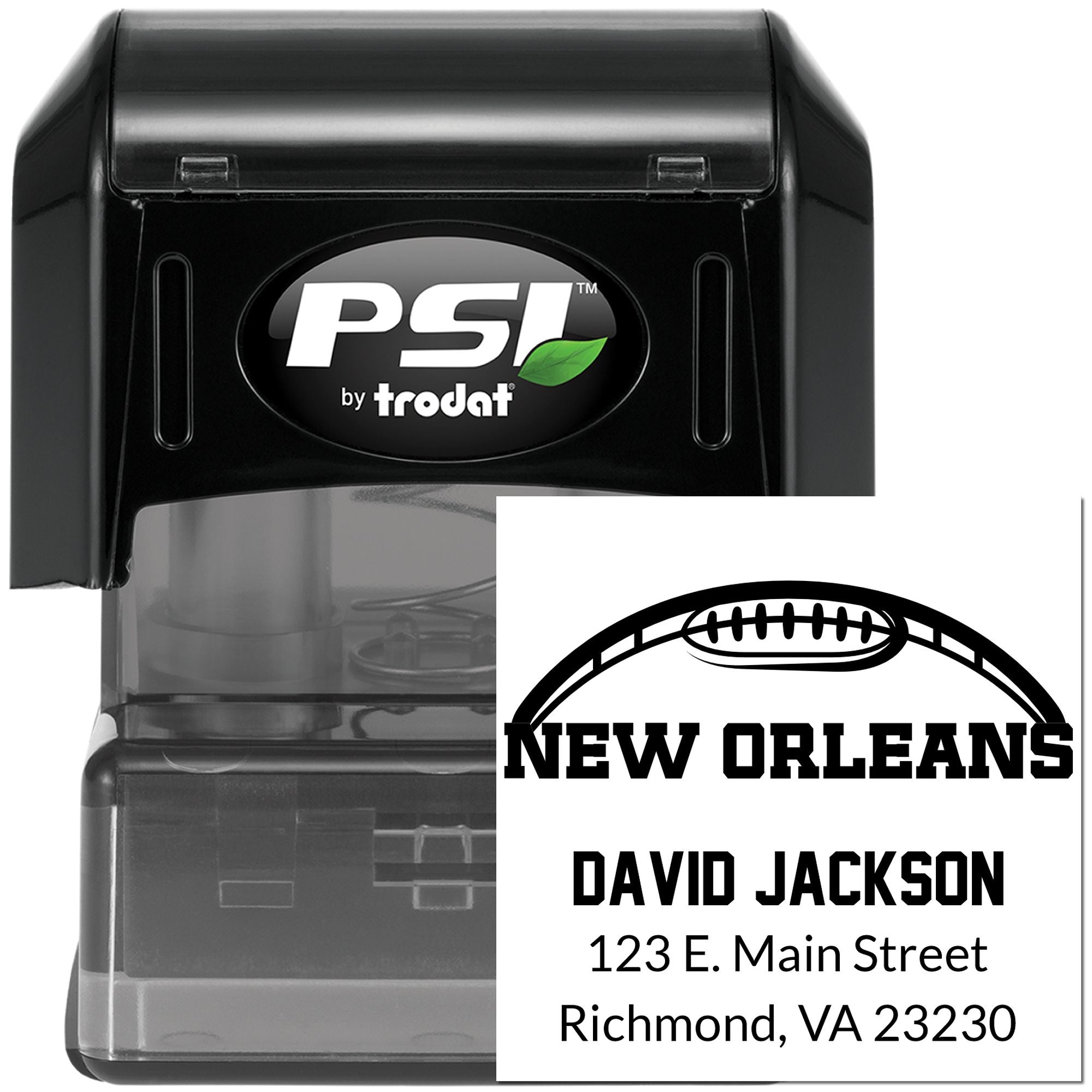 PSI by Trodat self-inking custom address rubber stamp with football logo and New Orleans imprint for mailing.