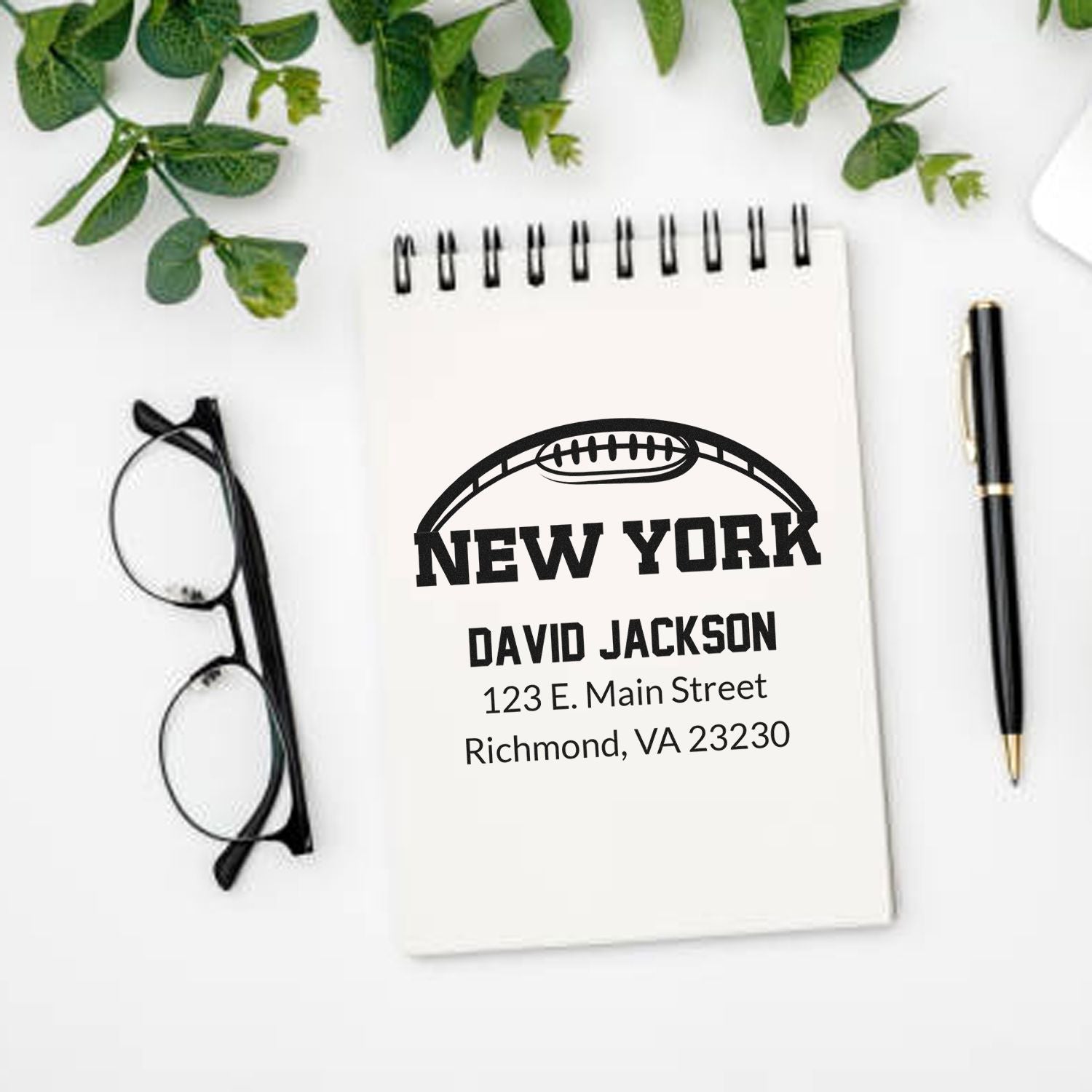 Custom football rubber stamp with personalized name and return address for stationery, invitations, and mailings.