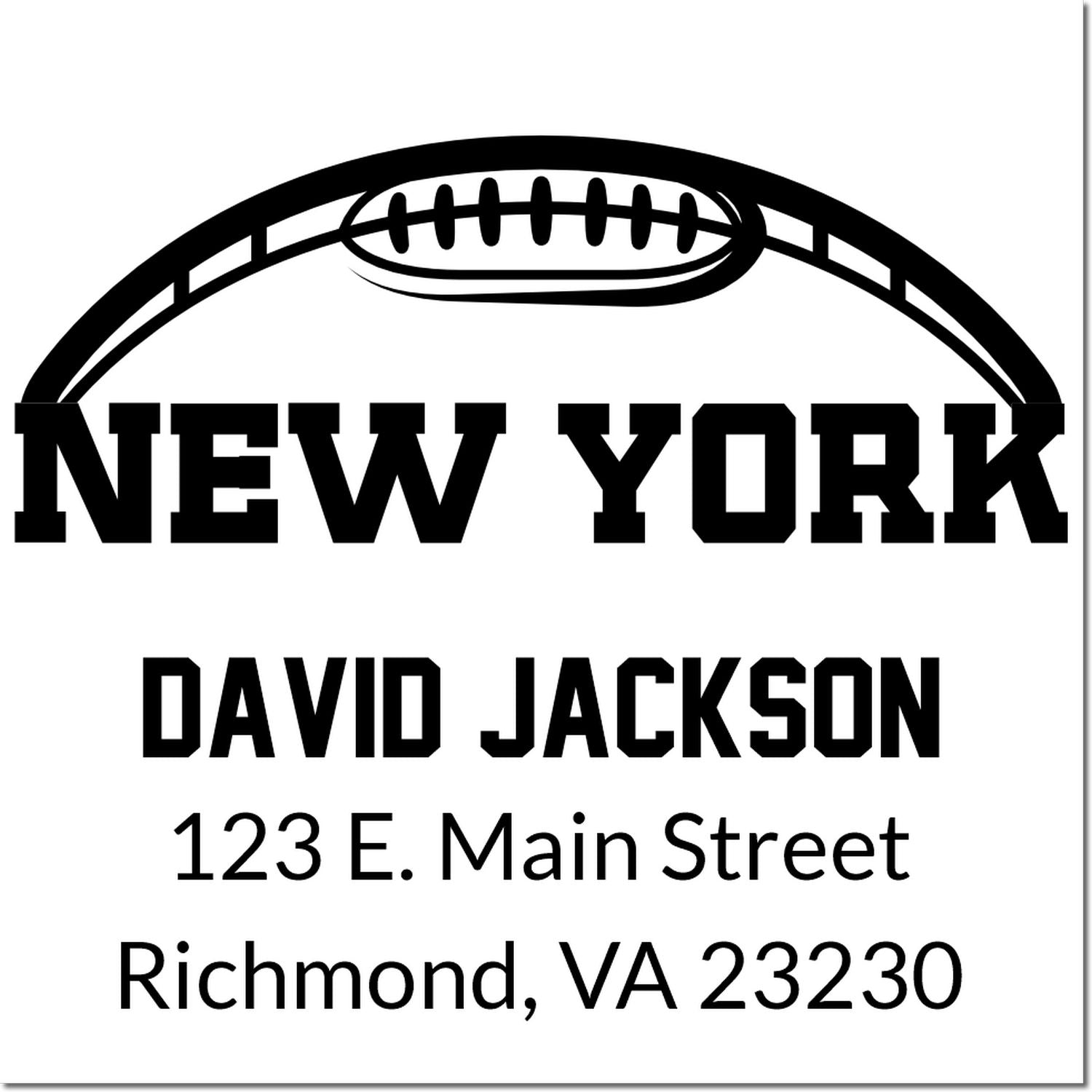 Custom New York football-themed rubber stamp with David Jackson name and Richmond, VA return address.