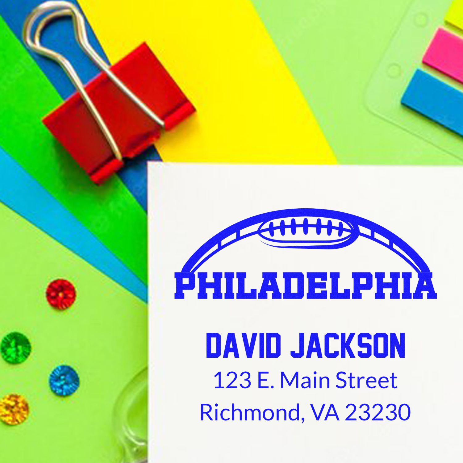 Personalized football return address rubber stamp with Philadelphia logo, name, and address.