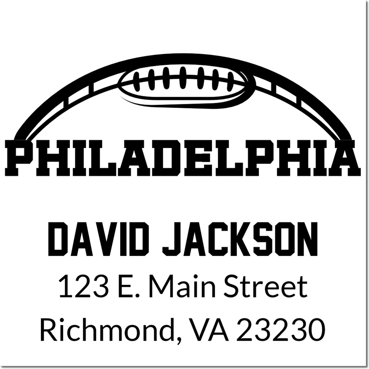 Custom Philadelphia rubber stamp with football logo, David Jackson name, and return address, Richmond, VA 23230.