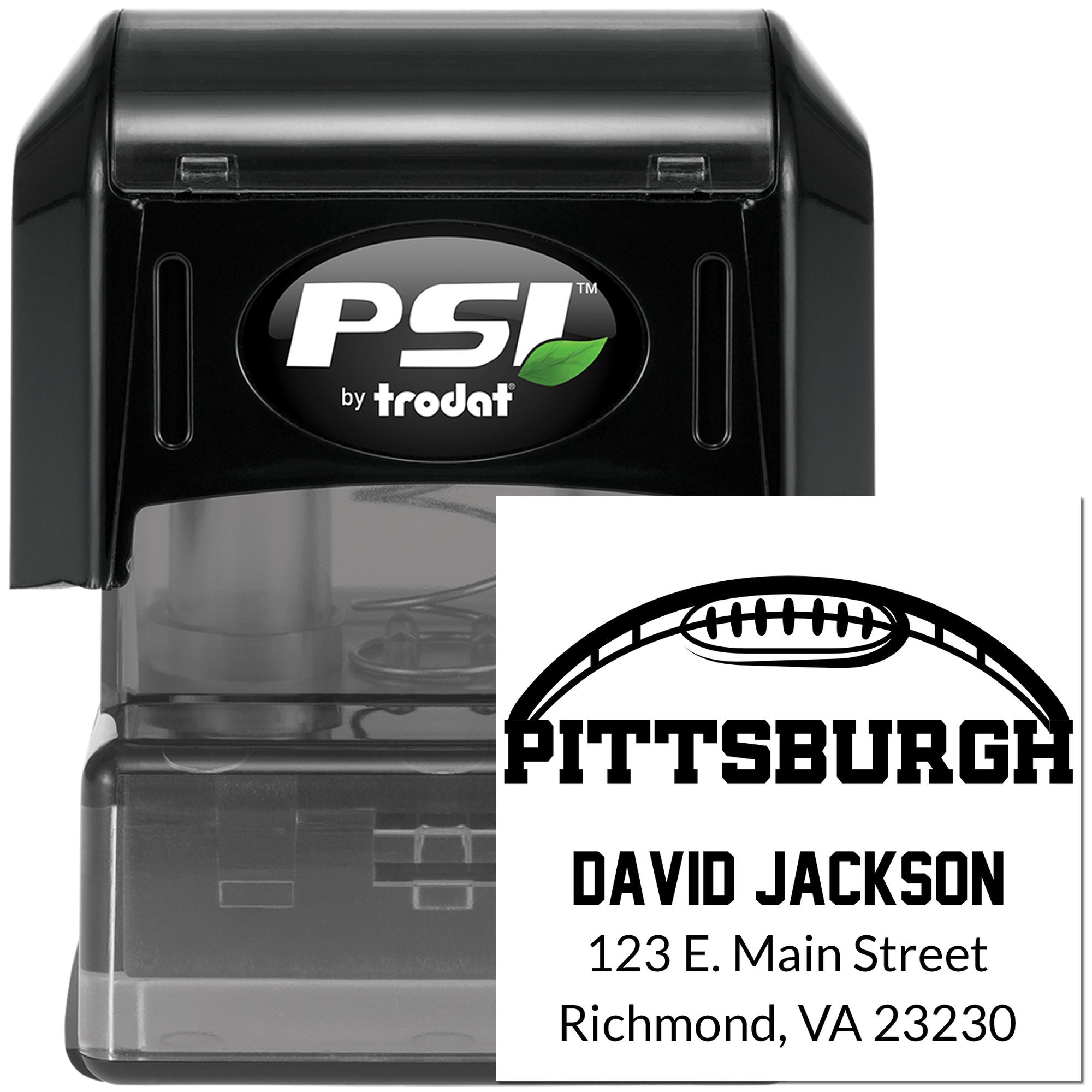 PSI by Trodat self-inking rubber stamp with custom Pittsburgh football address design for mailings and return address labeling.