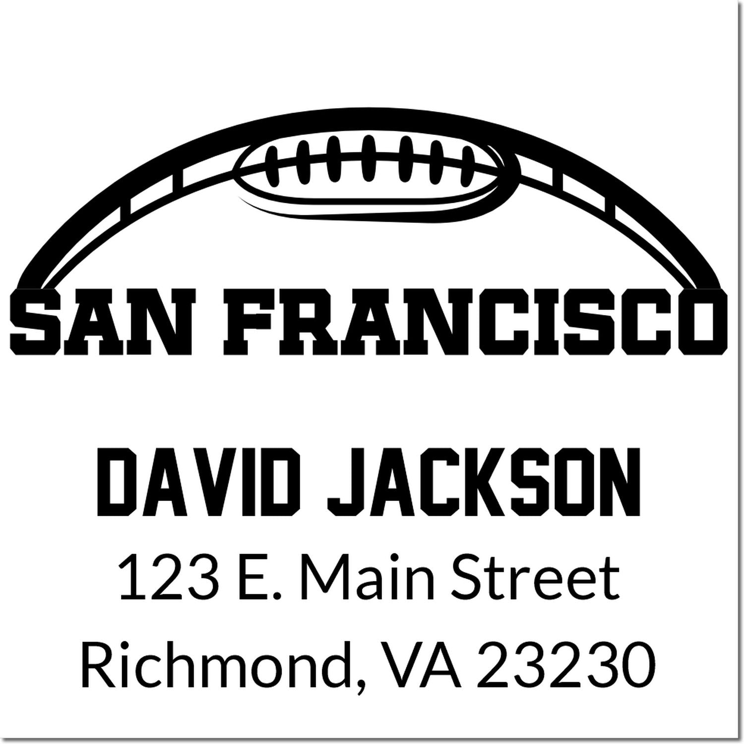 Custom rubber address stamp with San Francisco football logo, David Jackson, and Richmond, VA 23230 return address.