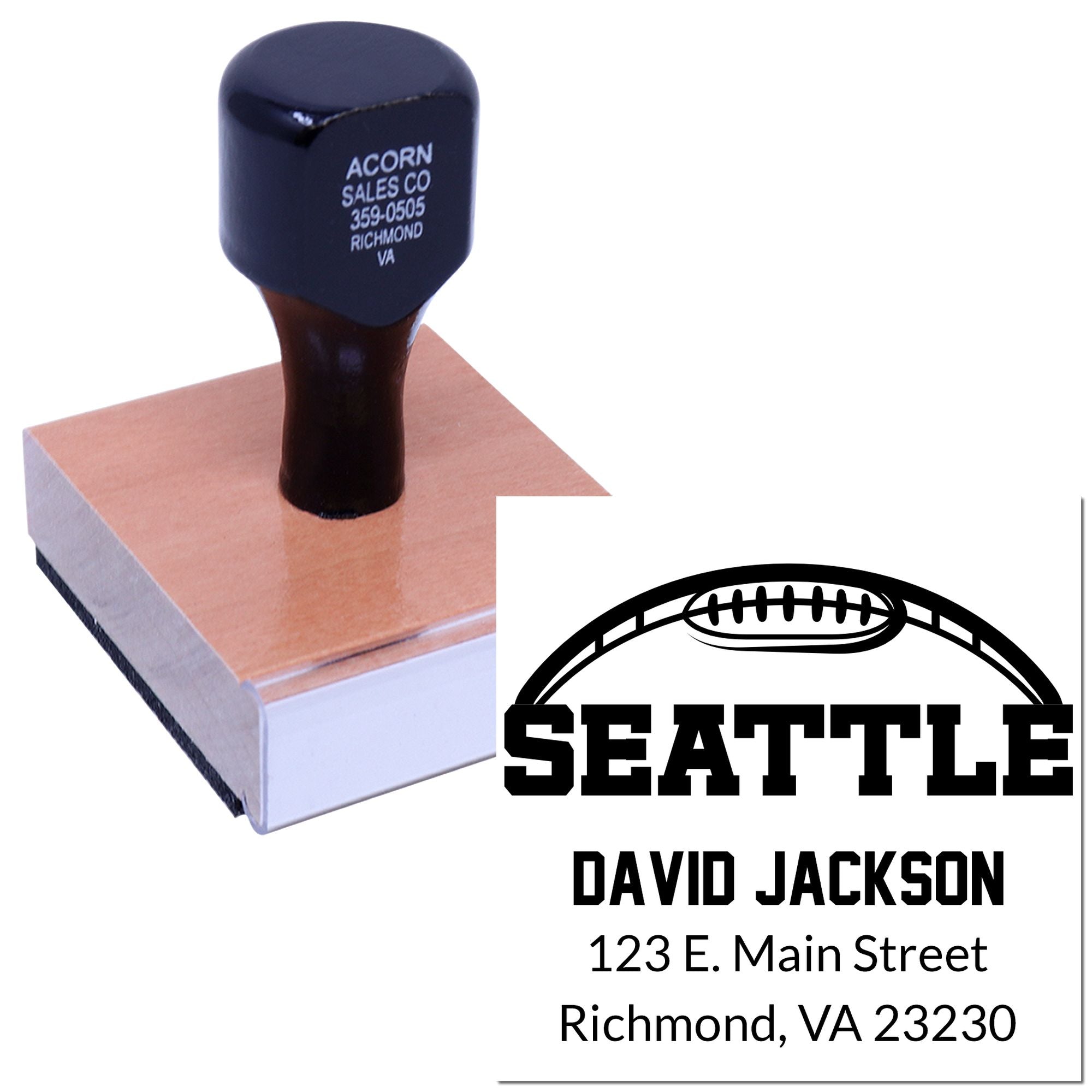 Custom football return address rubber stamp with Seattle design, David Jackson name, and Richmond, VA address.