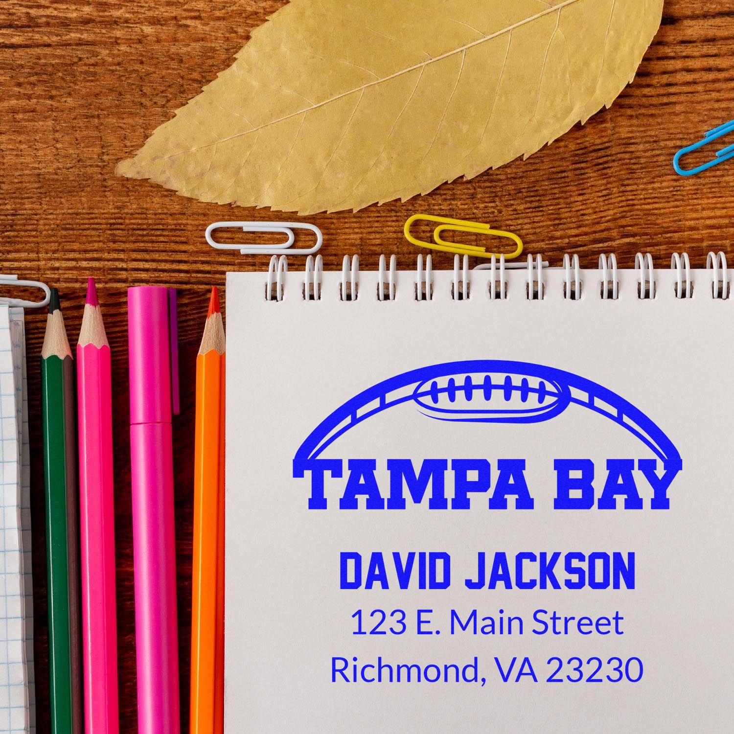 Custom football address rubber stamp for Tampa Bay with David Jackson name and Richmond, VA mailing details.