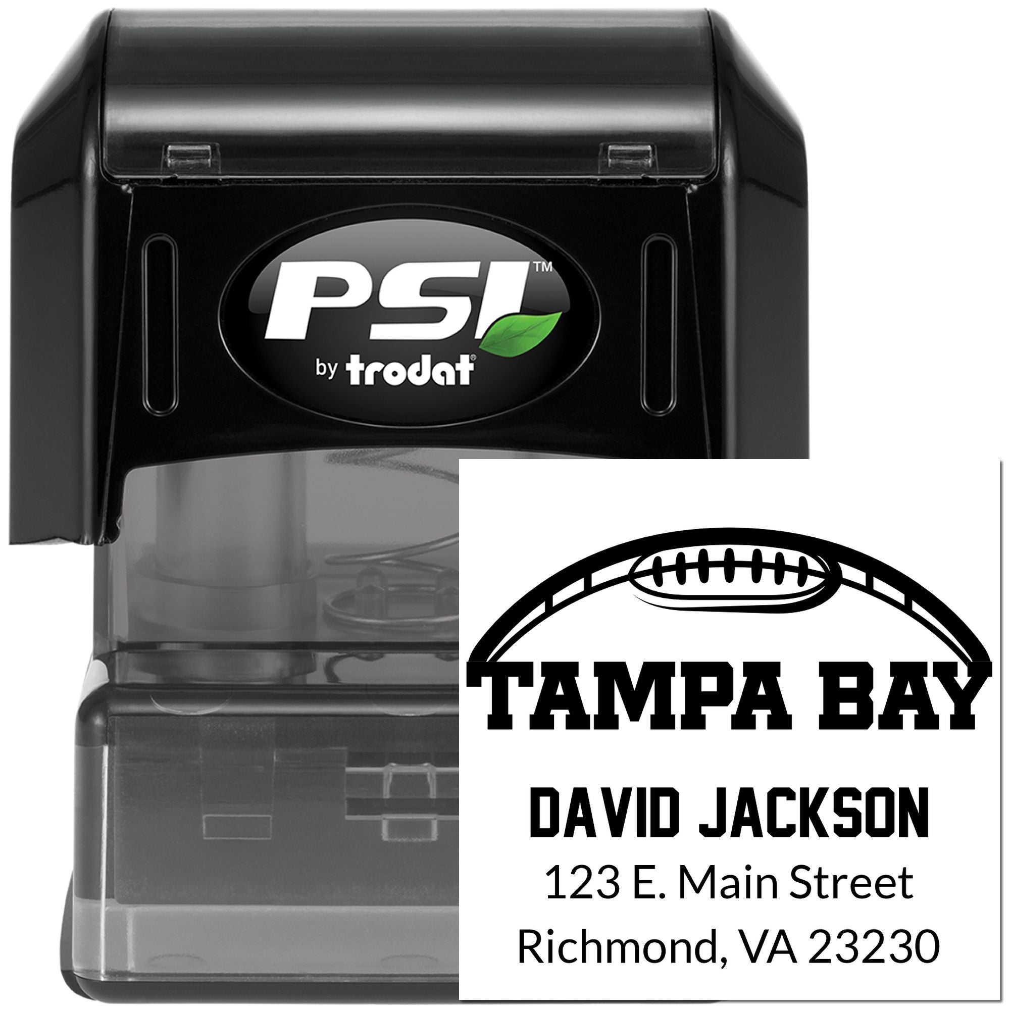 PSI by Trodat self-inking rubber stamp with Tampa Bay football logo, name, and address for custom return mailing.