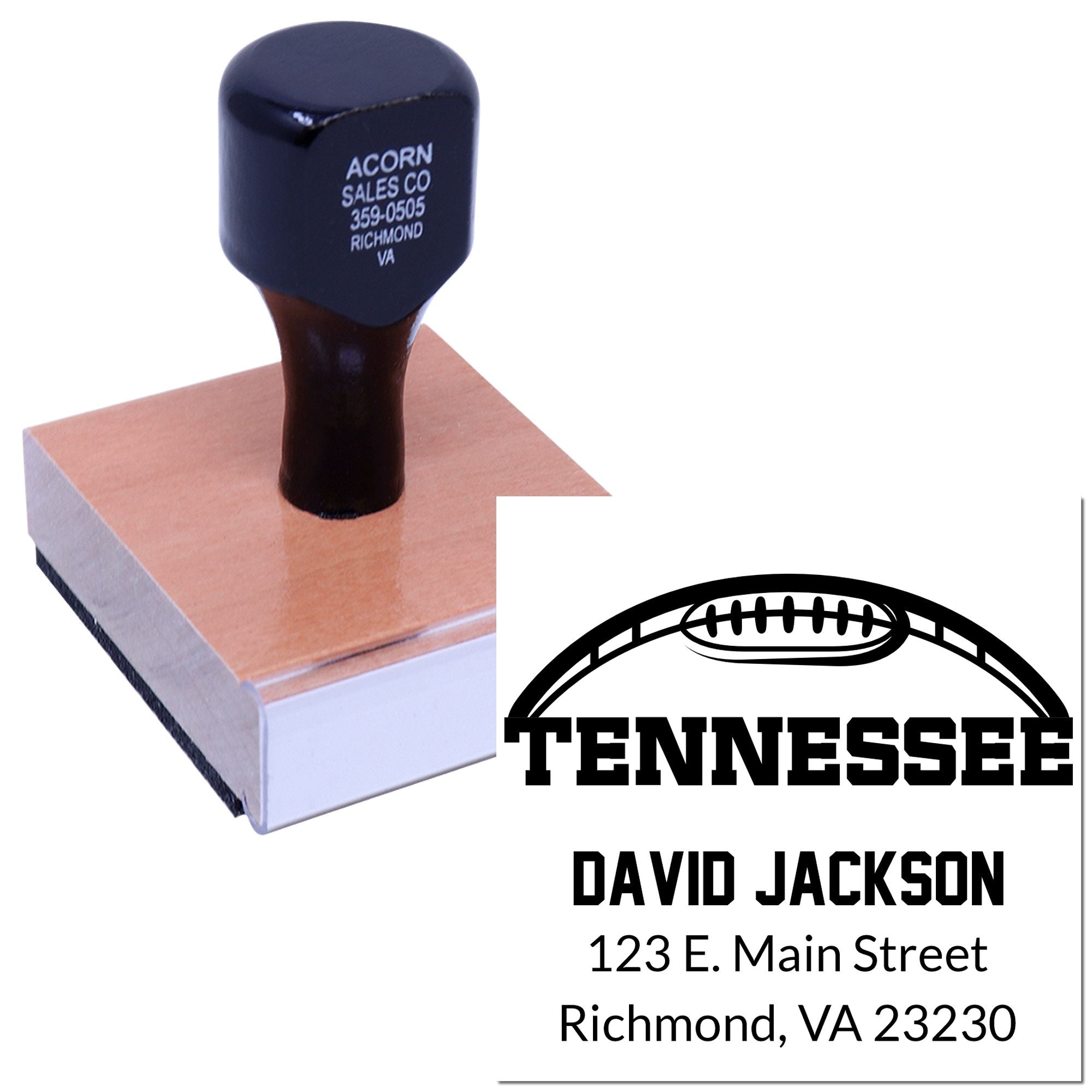 Custom Tennessee football address rubber stamp with name and mailing address for personalized sports stationery.