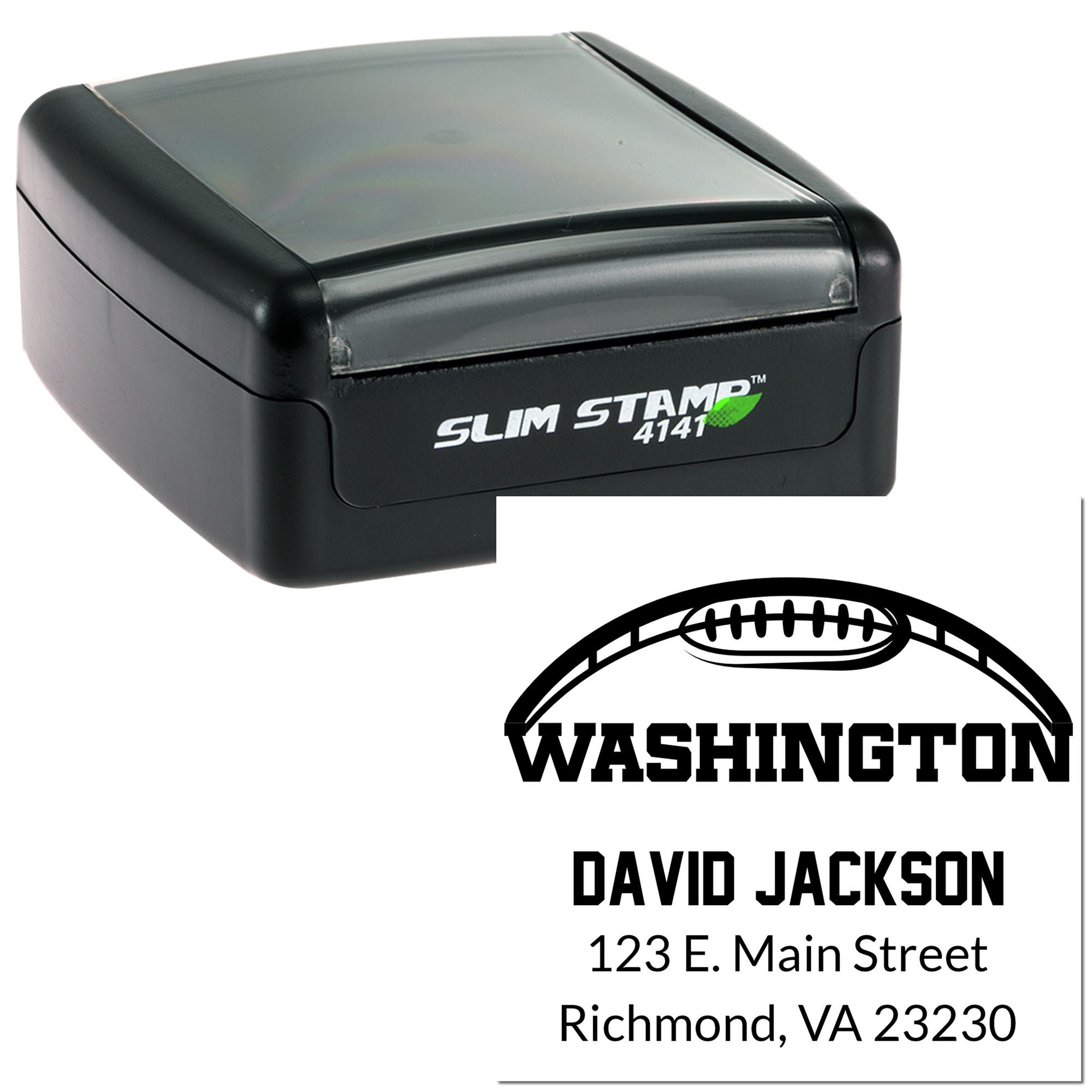 Custom self-inking rubber address stamp with football logo, Washington, David Jackson, and mailing address, Slim Stamp 4141