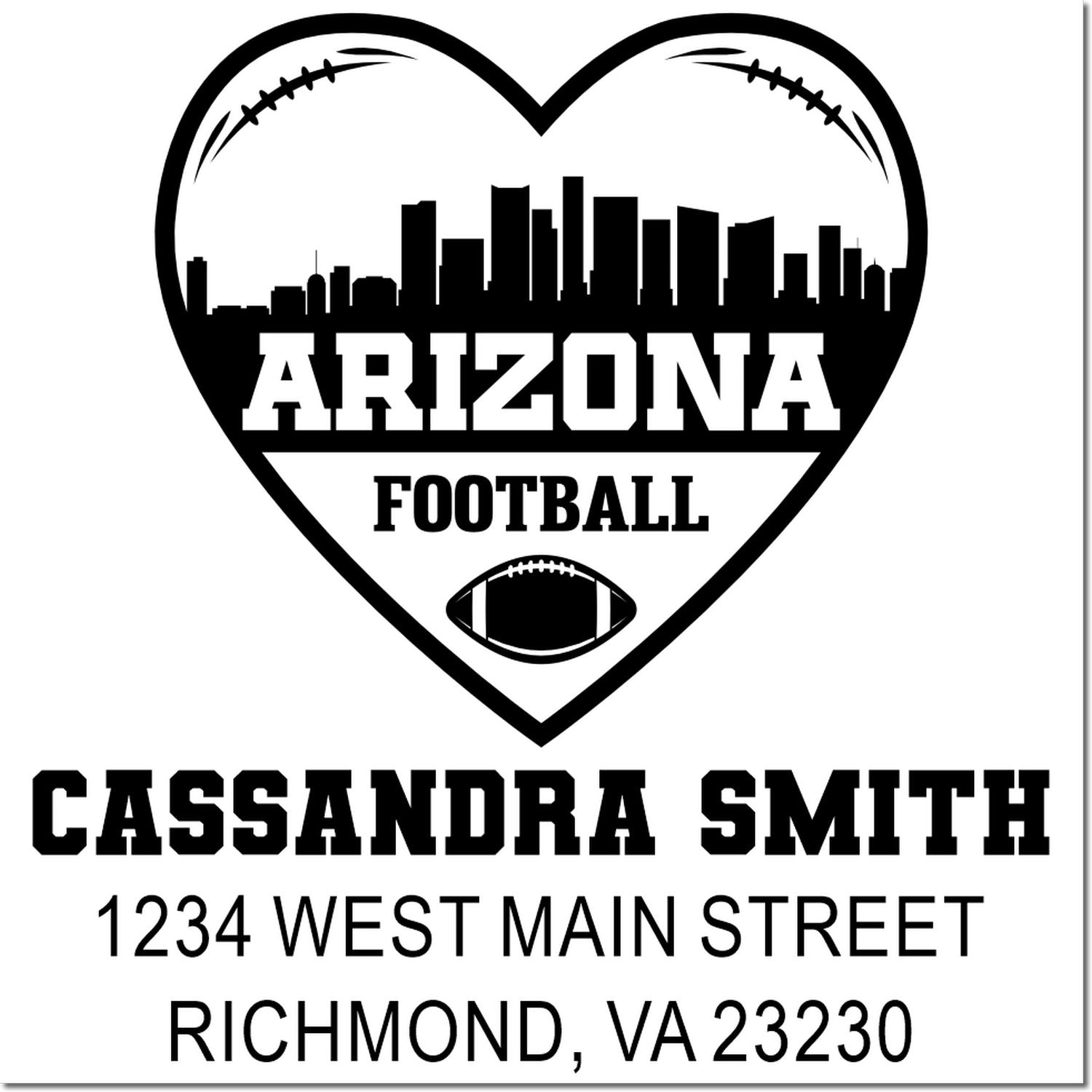 Custom Arizona football rubber stamp with heart skyline, football icon, and return address for Cassandra Smith in Richmond, VA 23230