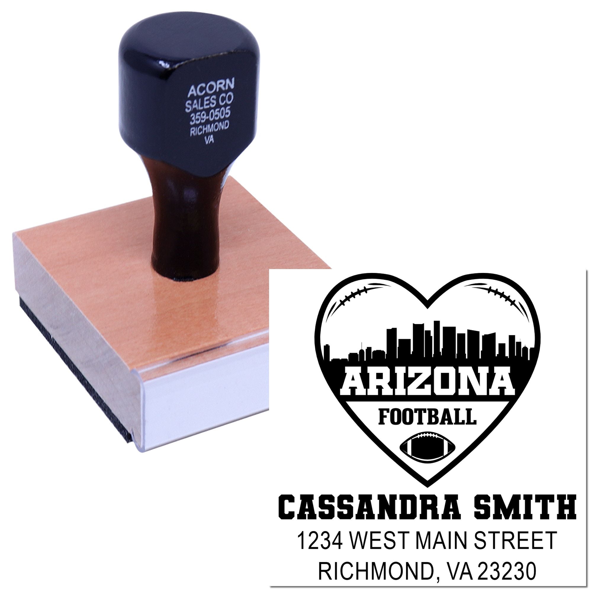 Personalized rubber stamp with Arizona football logo and name-and-address imprint for branded event or office use.