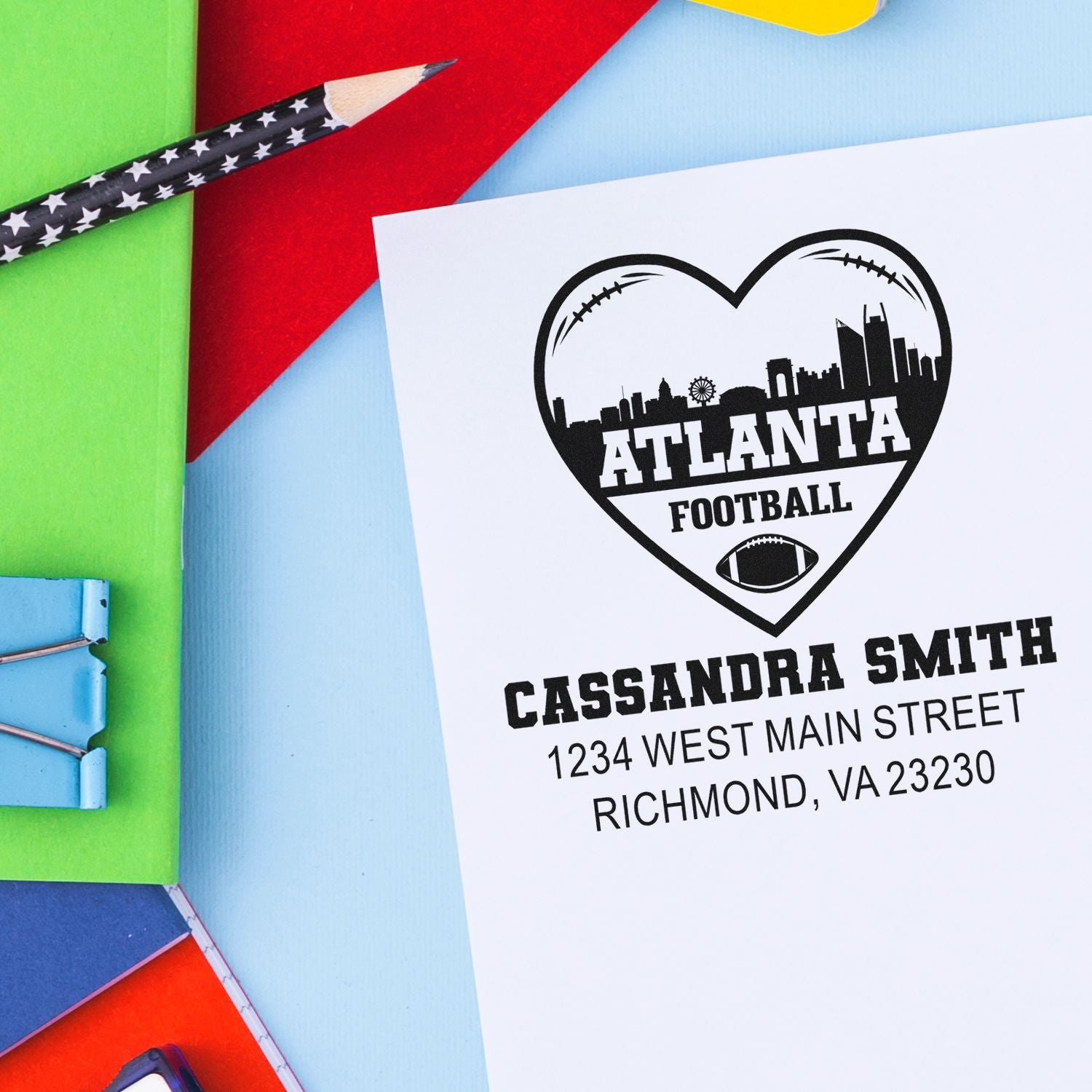 Custom Atlanta football rubber stamp with heart skyline design, personalized name and address for mailing or team gifts.