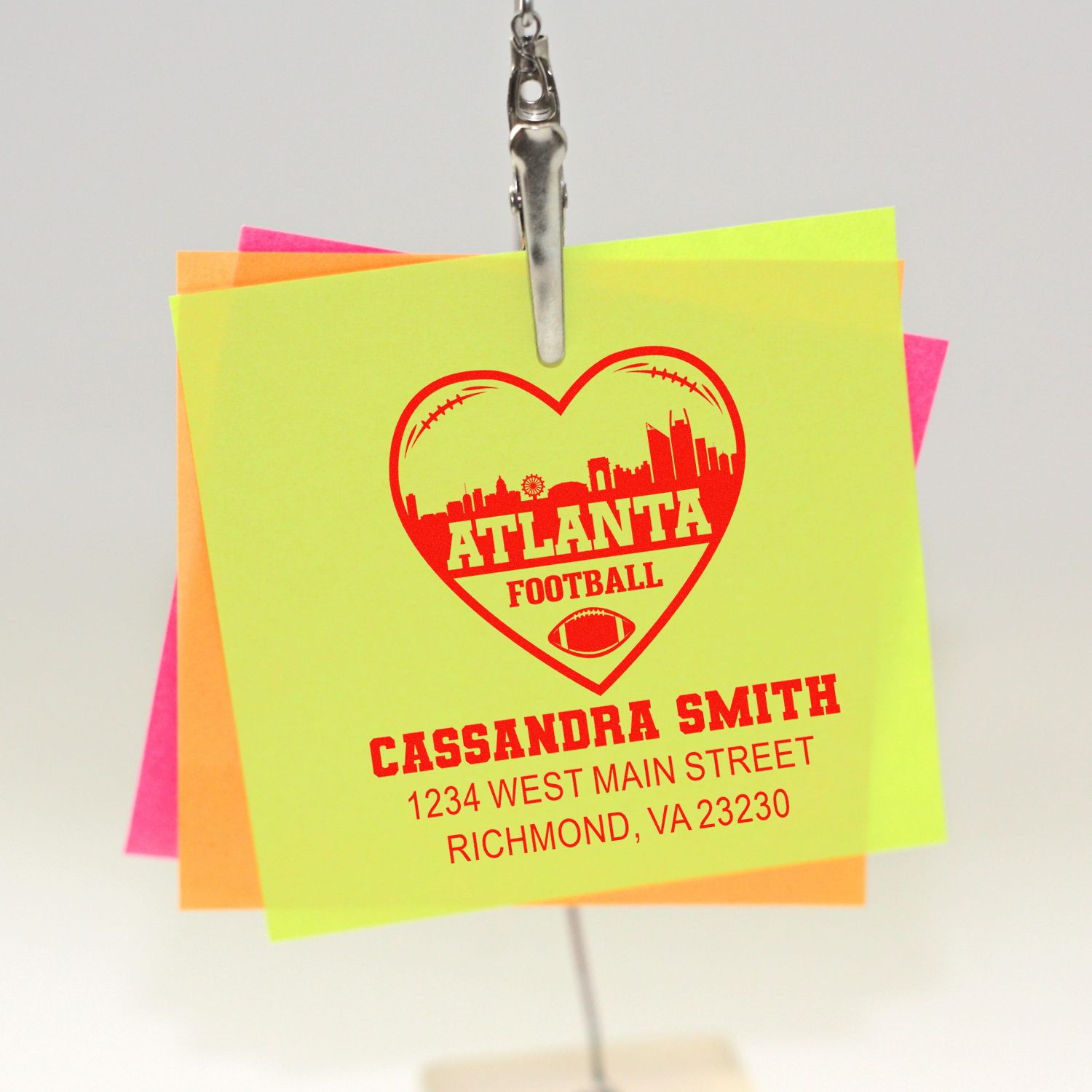 Custom Atlanta football return address rubber stamp on sticky notes with Cassandra Smith name and Richmond, VA address.