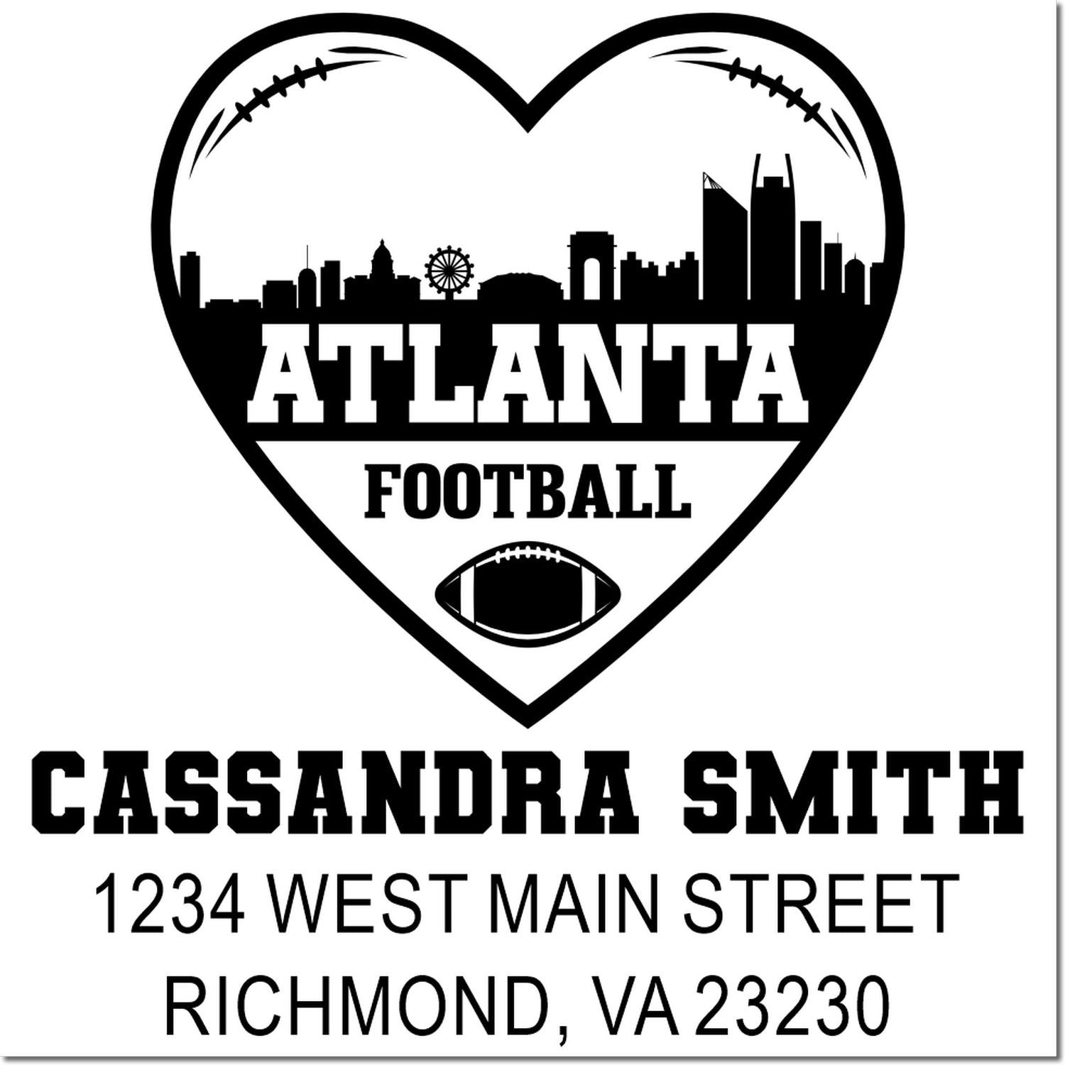 Custom Atlanta football rubber stamp with skyline heart, personalized name, and return address for sports fan stationery.