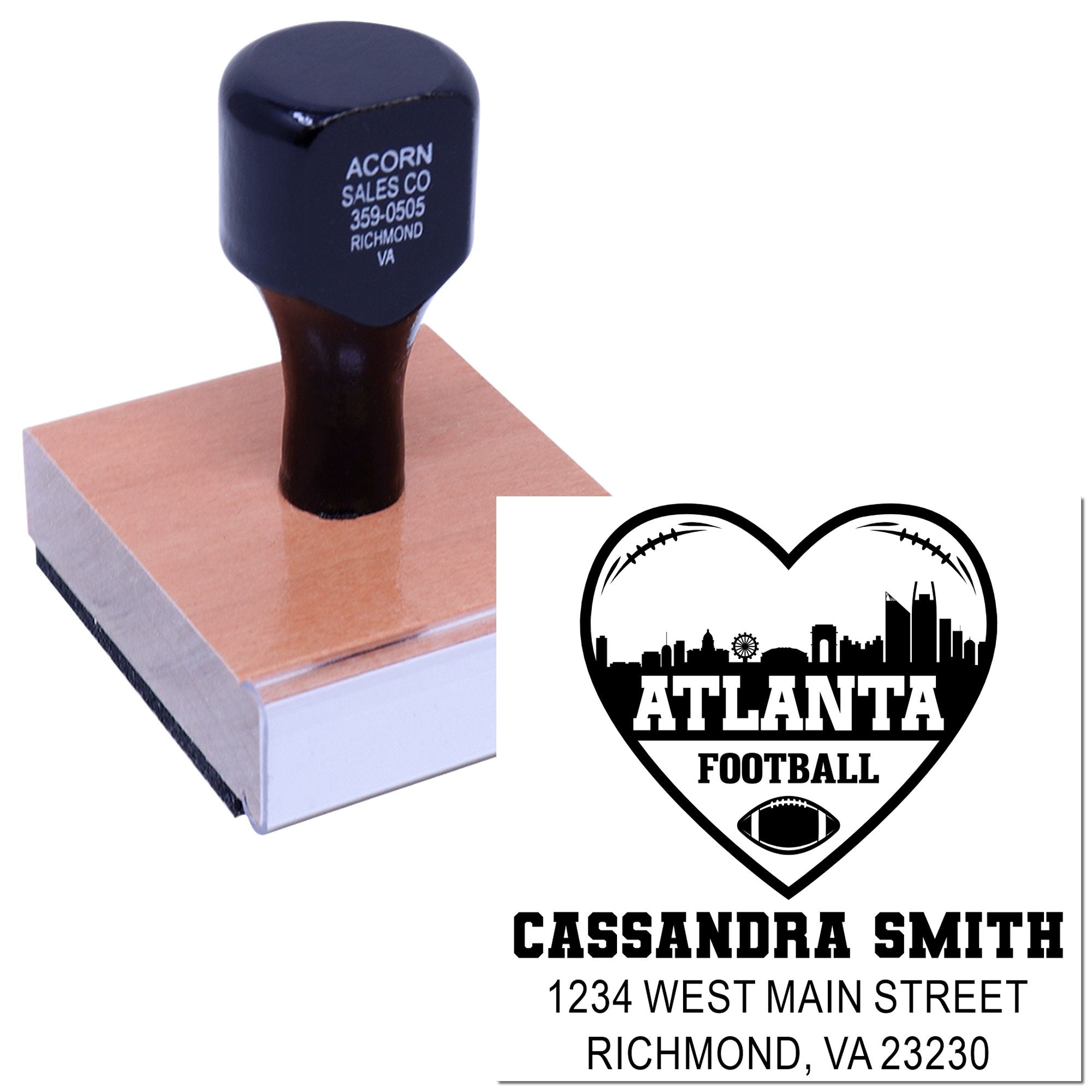 Custom rubber stamp with Atlanta football heart design, name, and address for personalized sports event branding.