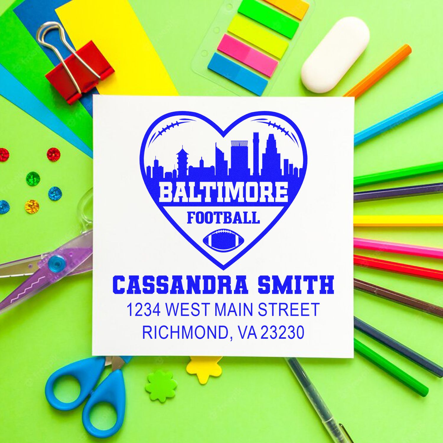 Custom Baltimore football rubber stamp with heart skyline logo, personalized for Cassandra Smith, Richmond, VA address.