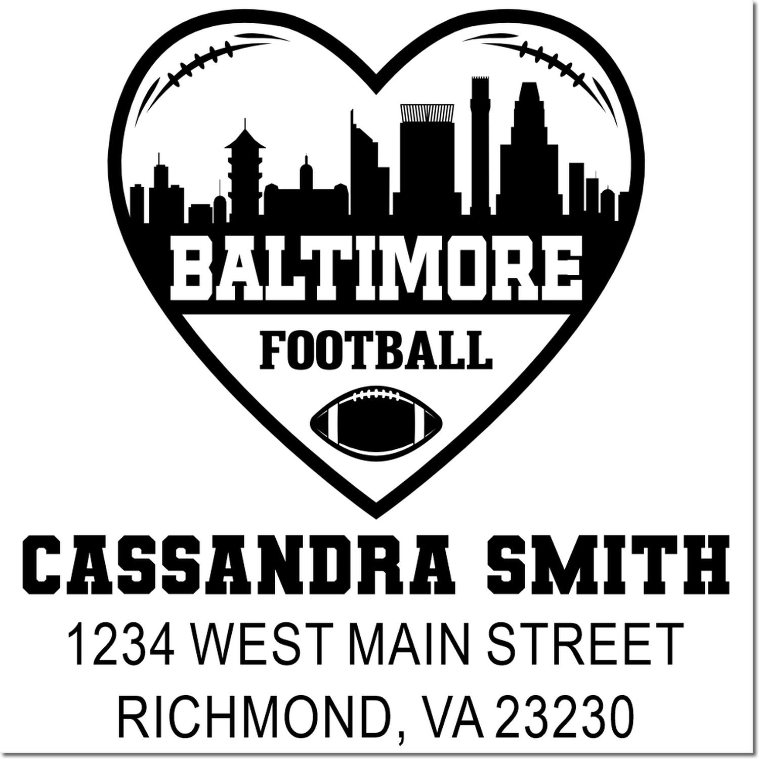 Custom Baltimore football heart skyline return address stamp for Cassandra Smith, Richmond, VA 23230.